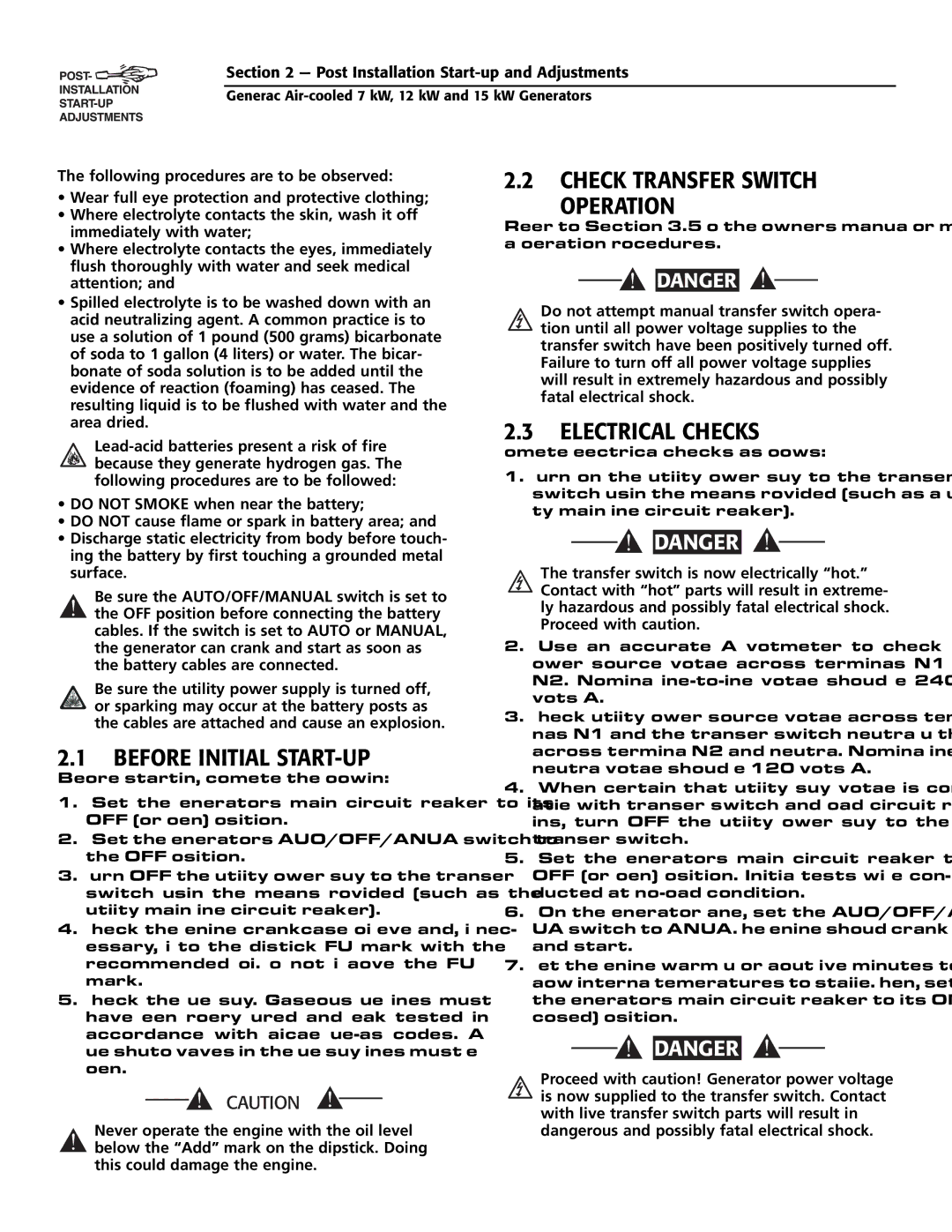 Generac 04673-2, 04675-3, 04674-2 owner manual Before Initial START-UP, Check Transfer Switch Operation, Electrical Checks 