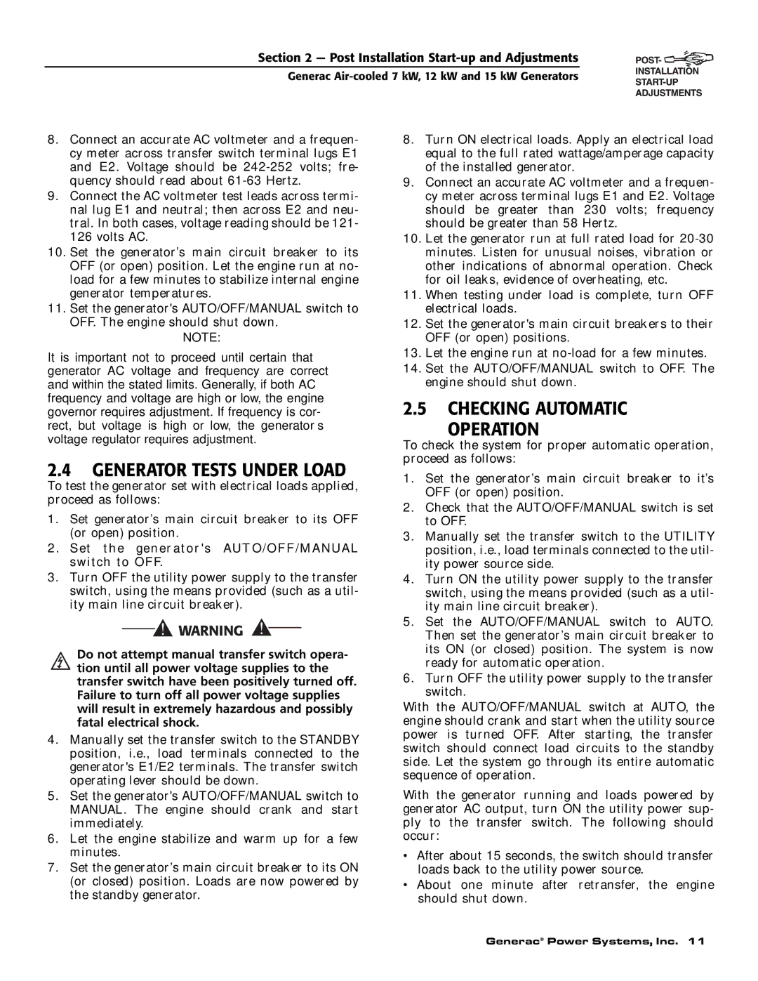 Generac 04675-3, 04673-2, 04674-2 owner manual Generator Tests Under Load, Checking Automatic Operation 