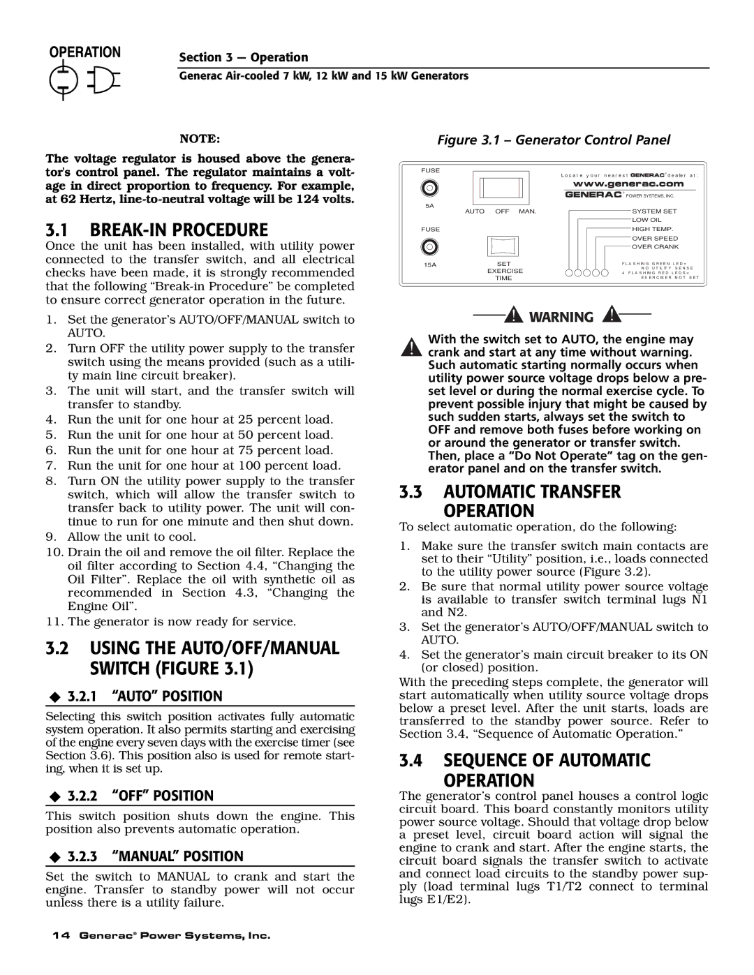 Generac 04675-3 BREAK-IN Procedure, Automatic Transfer Operation, Sequence of Automatic Operation, ‹ 3.2.1 Auto Position 