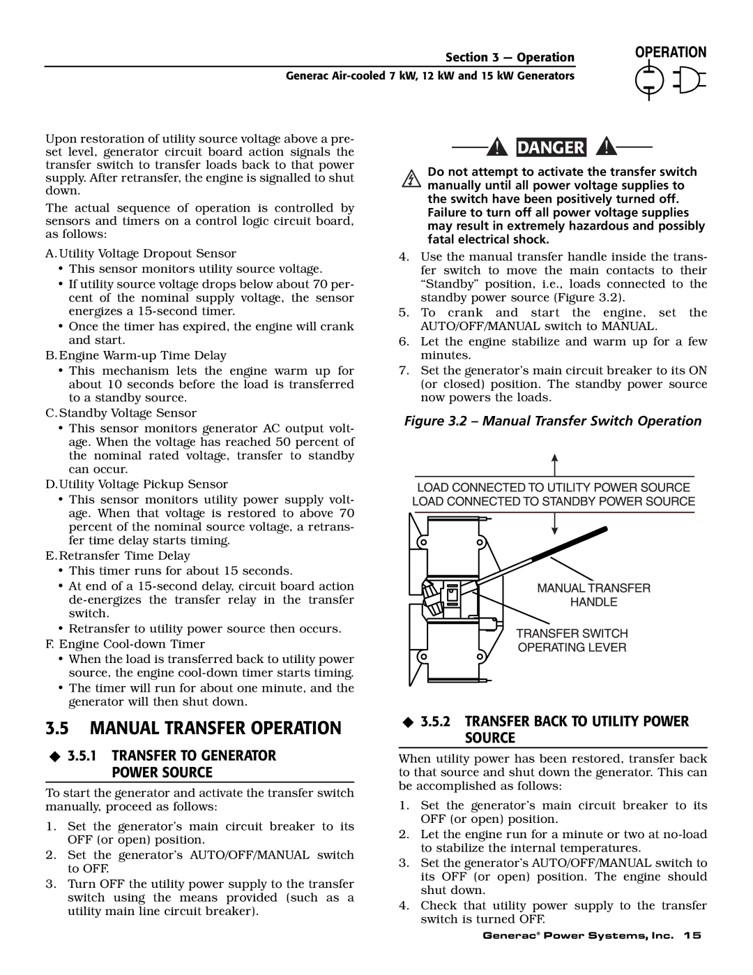 Generac 04674-2, 04673-2, 04675-3 owner manual Manual Transfer Operation, ‹ 3.5.2 Transfer Back to Utility Power Source 