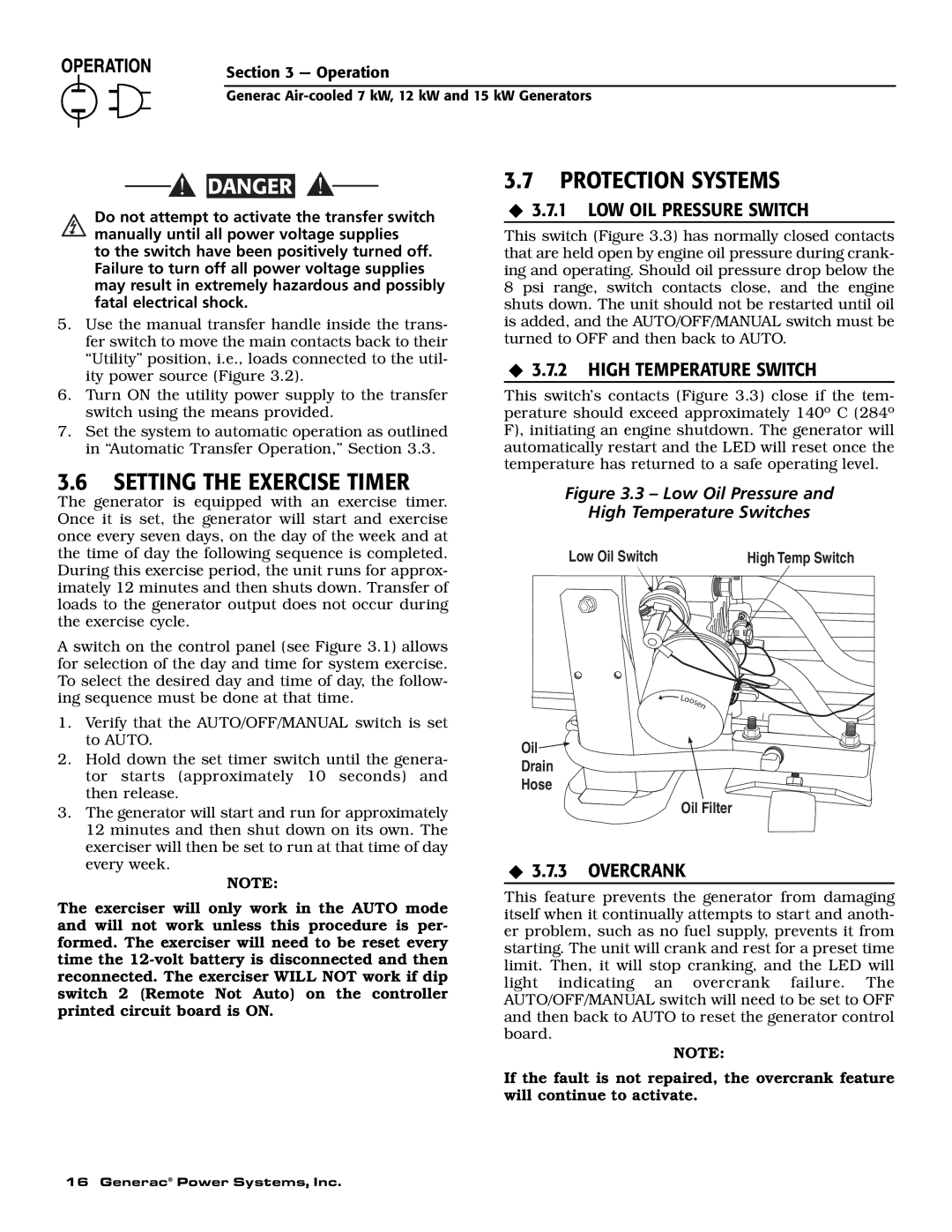 Generac 04673-2, 04675-3 Setting the Exercise Timer, ‹ 3.7.1 LOW OIL Pressure Switch, ‹ 3.7.2 High Temperature Switch 