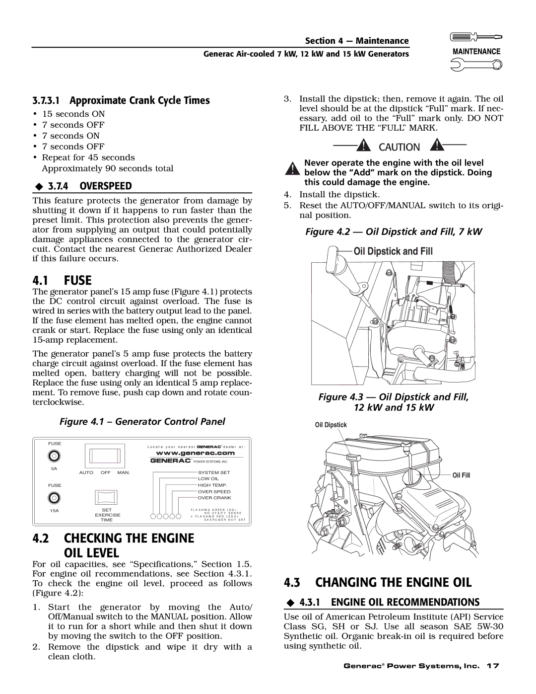 Generac 04675-3 Checking the Engine OIL Level, Changing the Engine OIL, Approximate Crank Cycle Times, ‹ 3.7.4 Overspeed 