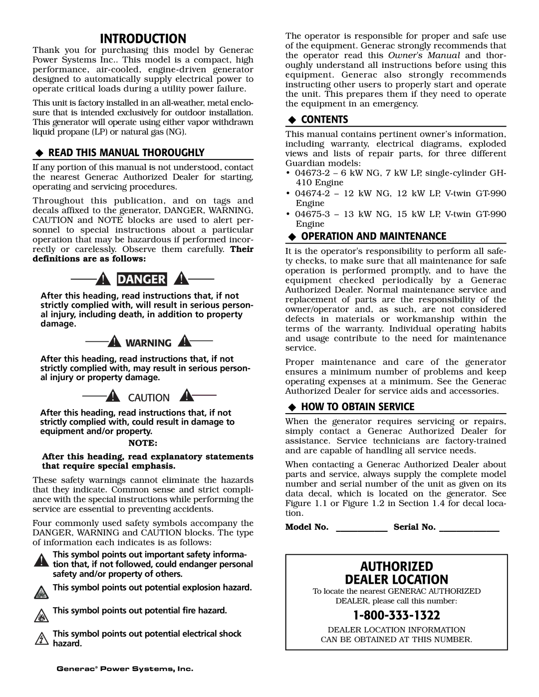 Generac 04674-2, 04673-2, 04675-3 owner manual Introduction, Authorized Dealer Location 