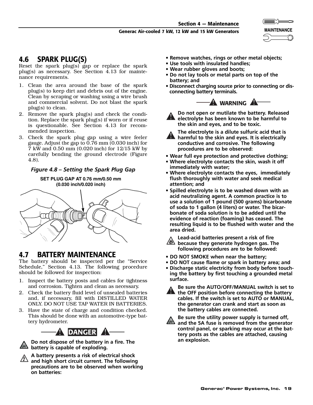 Generac 04673-2, 04675-3, 04674-2 owner manual Spark Plugs, Battery Maintenance 