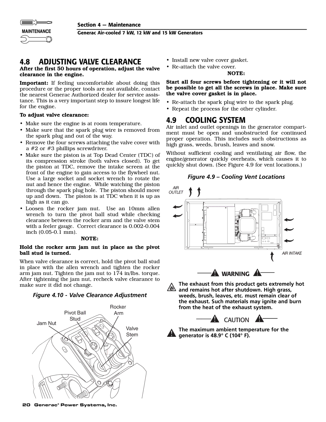 Generac 04675-3, 04673-2, 04674-2 owner manual Adjusting Valve Clearance, Cooling System 