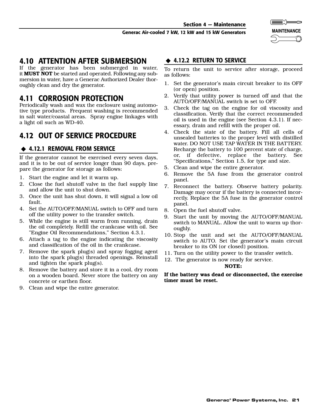 Generac 04674-2 Corrosion Protection, OUT of Service Procedure, ‹ 4.12.2 Return to Service, ‹ 4.12.1 Removal from Service 