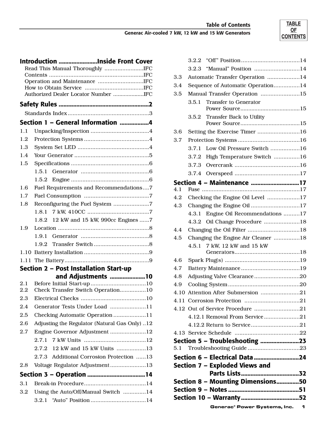 Generac 04673-2 Introduction Inside Front Cover, General Information, Post Installation Start-up Adjustments, Operation 