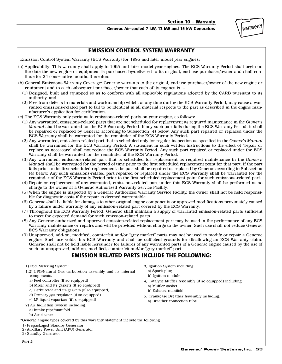 Generac 04675-3, 04673-2, 04674-2 owner manual Emission Control System Warranty, Emission Related Parts Include the Following 