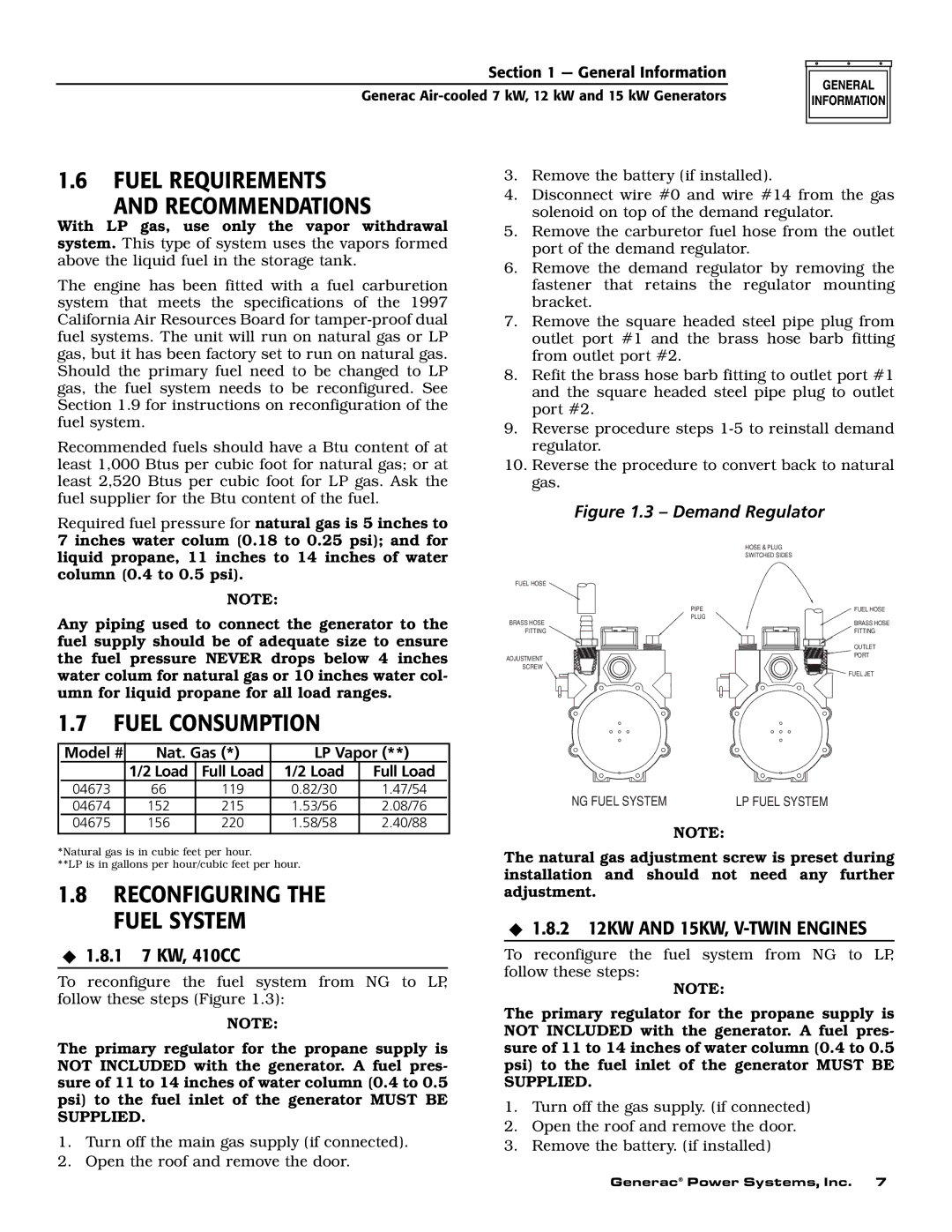 Generac 04673-2, 04675-3 Fuel Requirements Recommendations, Fuel Consumption, Reconfiguring the Fuel System, 1 7 KW, 410CC 