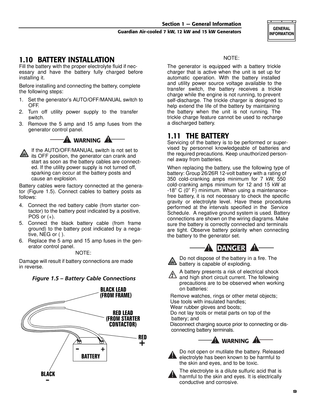 Generac 04758-1, 04759-1, 04760-1, 04758-1,04759-1,04760-1 owner manual Battery Installation 