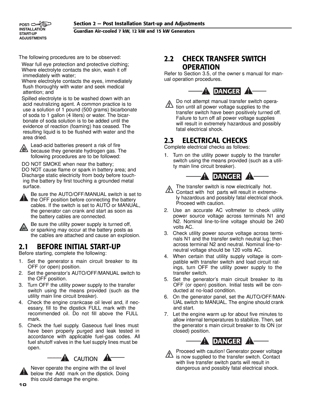 Generac 04758-1,04759-1,04760-1 owner manual Before Initial START-UP, Check Transfer Switch Operation, Electrical Checks 