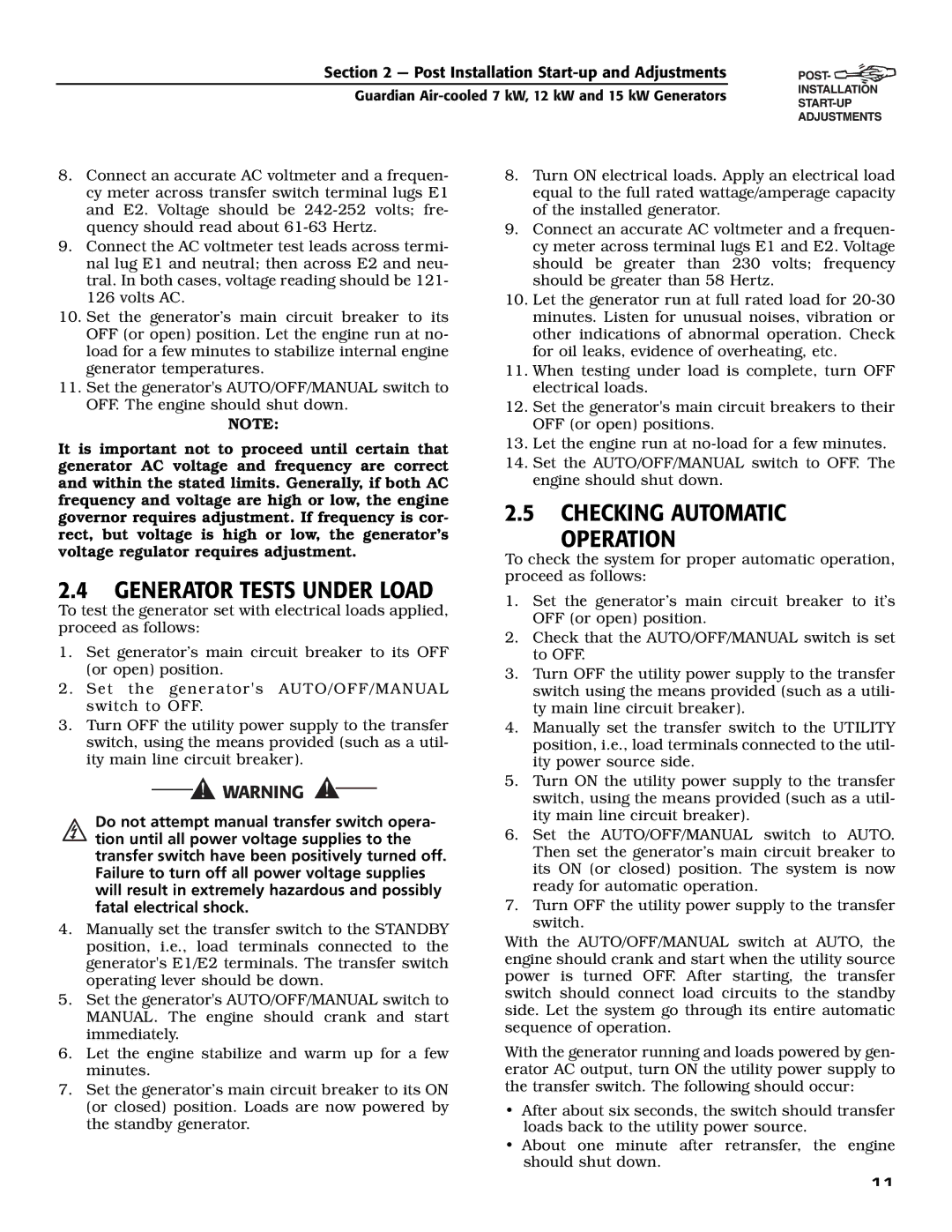 Generac 04758-1, 04759-1, 04760-1, 04758-1,04759-1,04760-1 Generator Tests Under Load, Checking Automatic Operation 