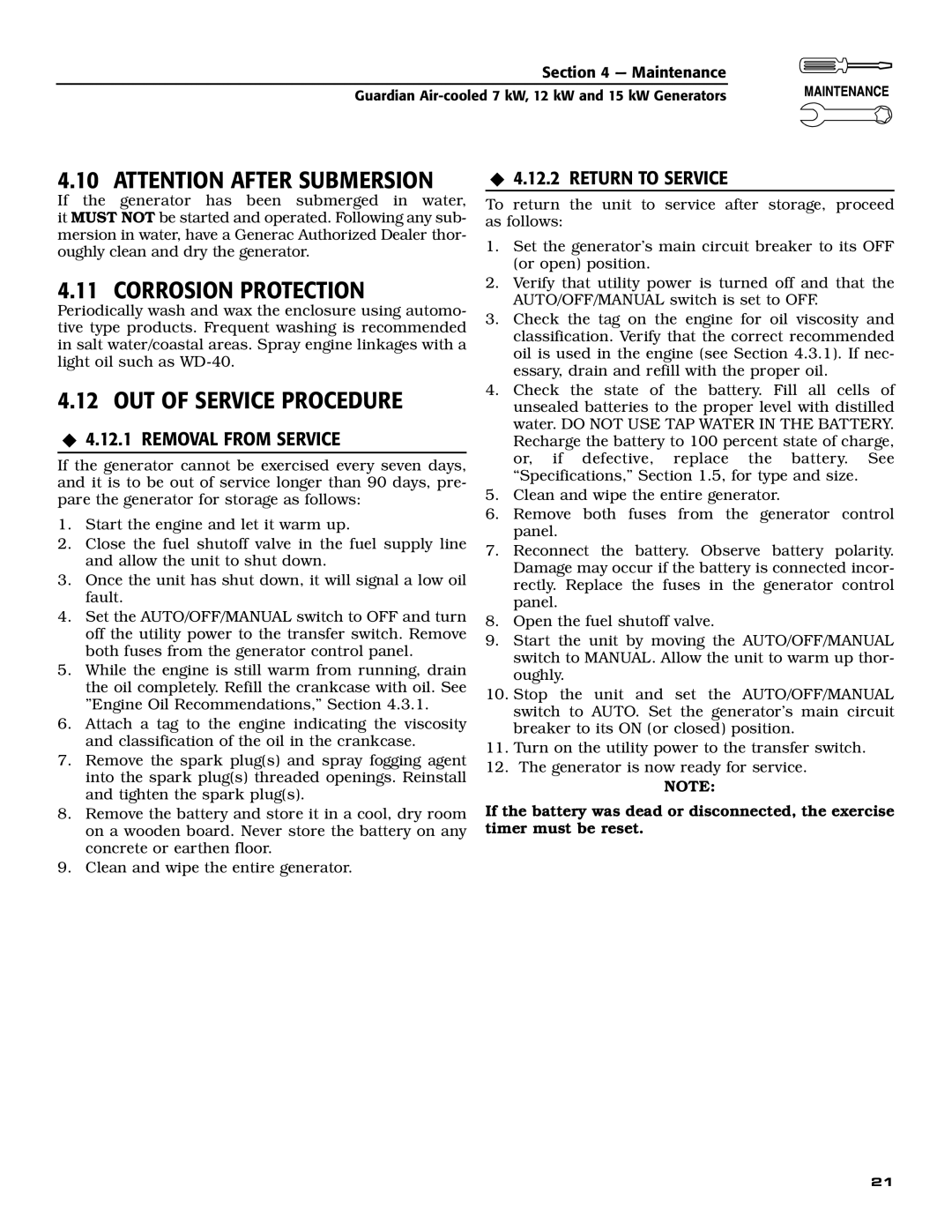 Generac 04758-1, 04759-1, 04760-1 owner manual Corrosion Protection, OUT of Service Procedure, ‹ 4.12.2 Return to Service 