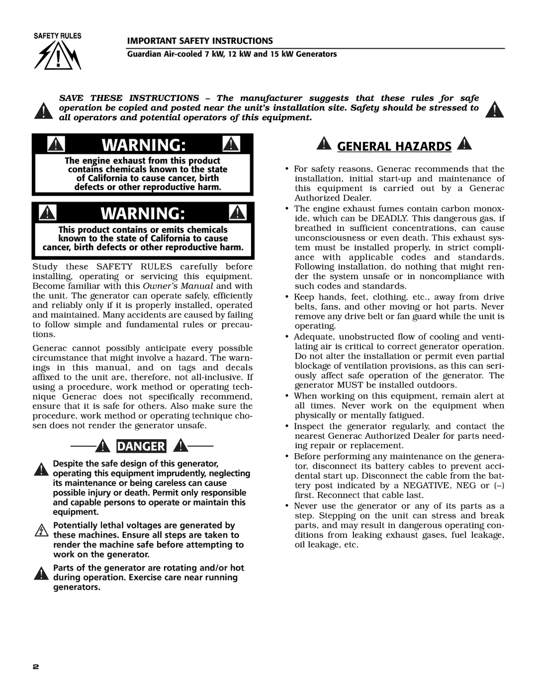 Generac 04758-1,04759-1,04760-1, 04758-1, 04759-1, 04760-1 owner manual General Hazards 