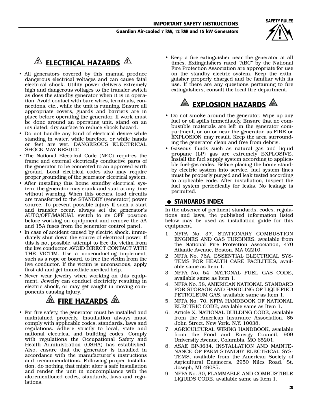 Generac 04758-1, 04759-1, 04760-1, 04758-1,04759-1,04760-1 owner manual Electrical Hazards, ‹ Standards Index 