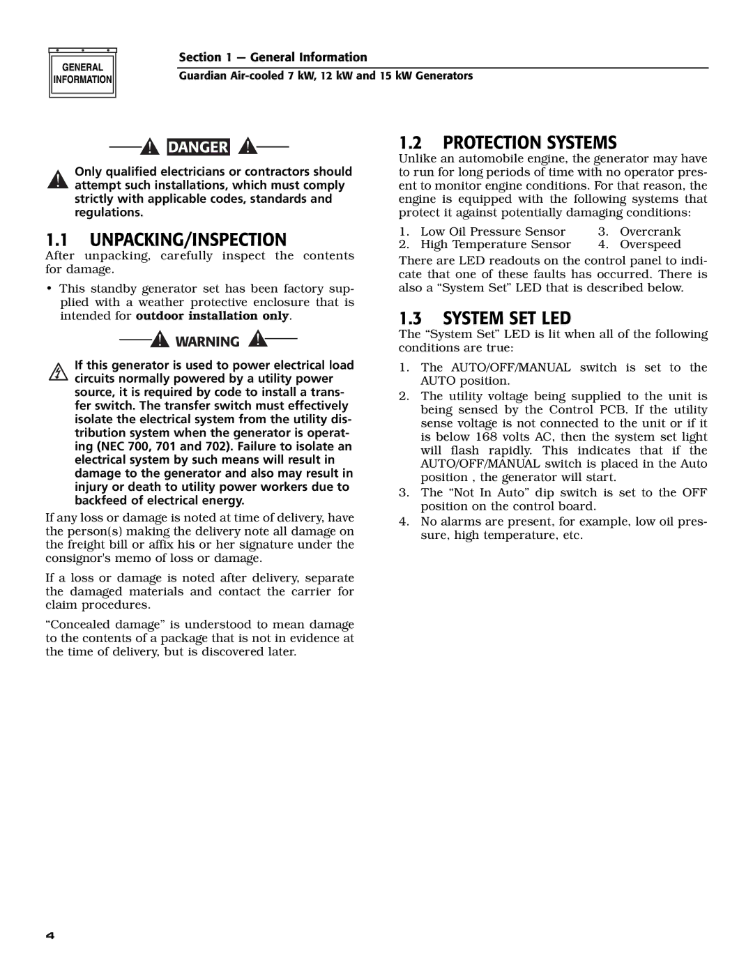 Generac 04758-1,04759-1,04760-1, 04758-1, 04759-1, 04760-1 Unpacking/Inspection, Protection Systems, System SET LED 