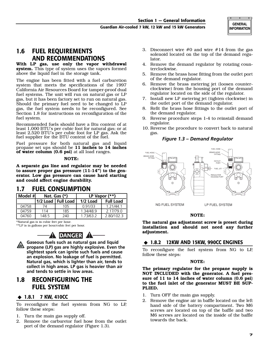 Generac 04758-1, 04759-1, 04760-1 Fuel Requirements Recommendations, Fuel Consumption, Reconfiguring the Fuel System 