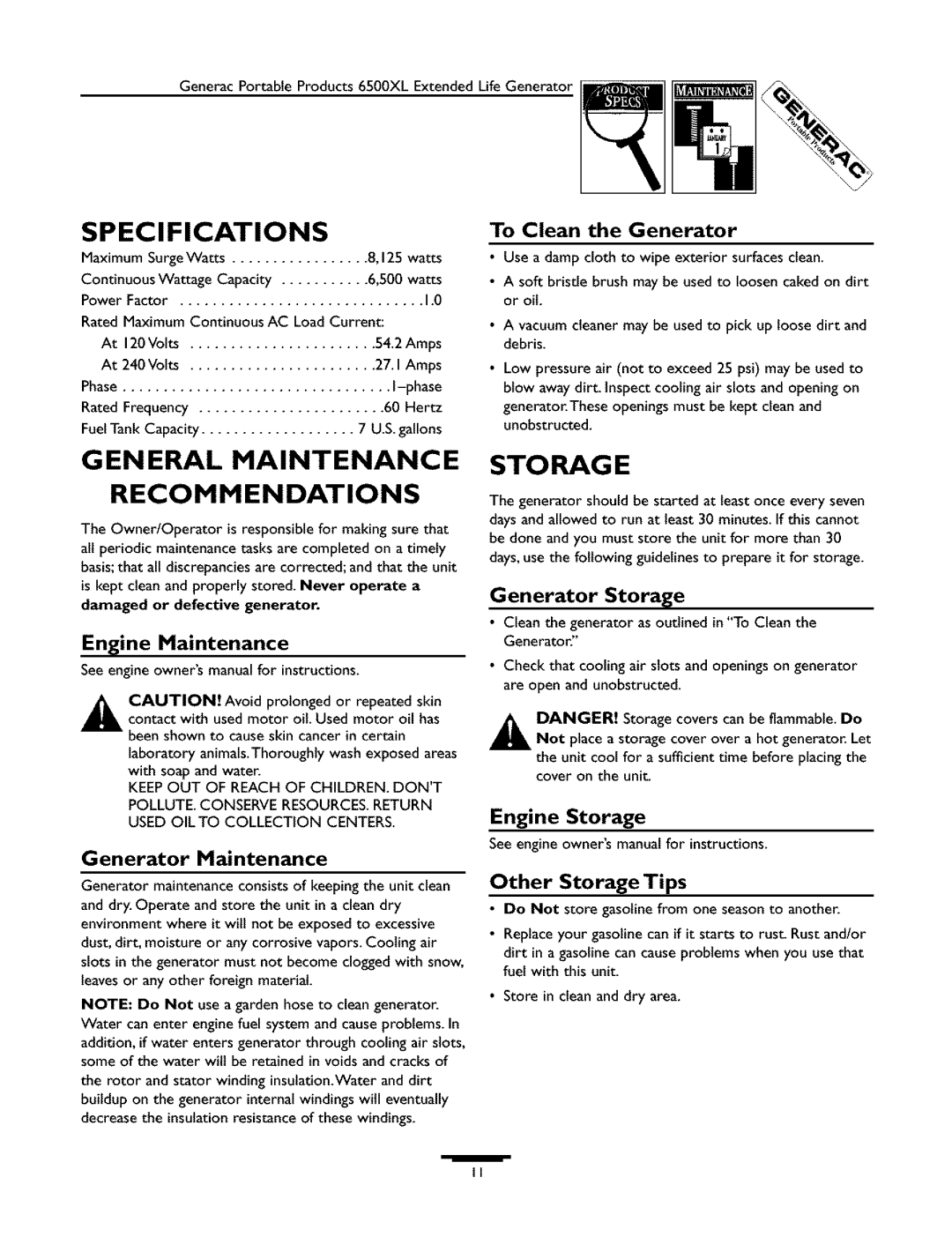 Generac 09779-2 owner manual Specifications, General Maintenance Recommendations, Sto Rag E 