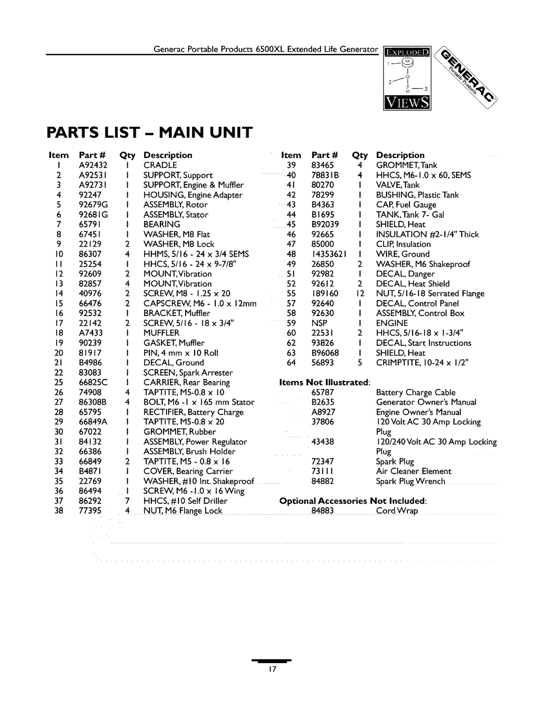 Generac 09779-2 owner manual Parts LIST- Main Unit, Item PaX#, Qty Description Part# 