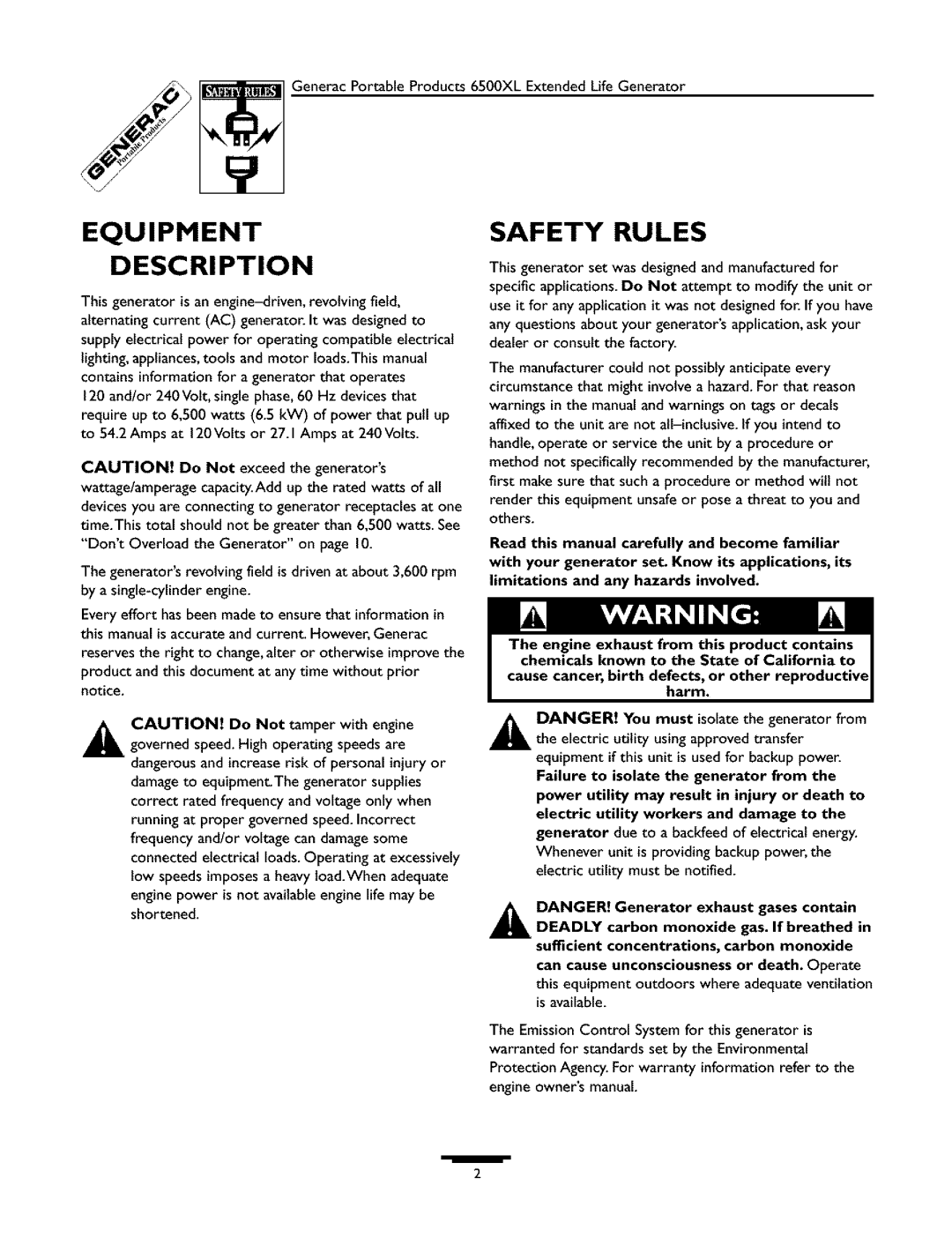 Generac 09779-2 owner manual Equipment Description, Safety Rules 