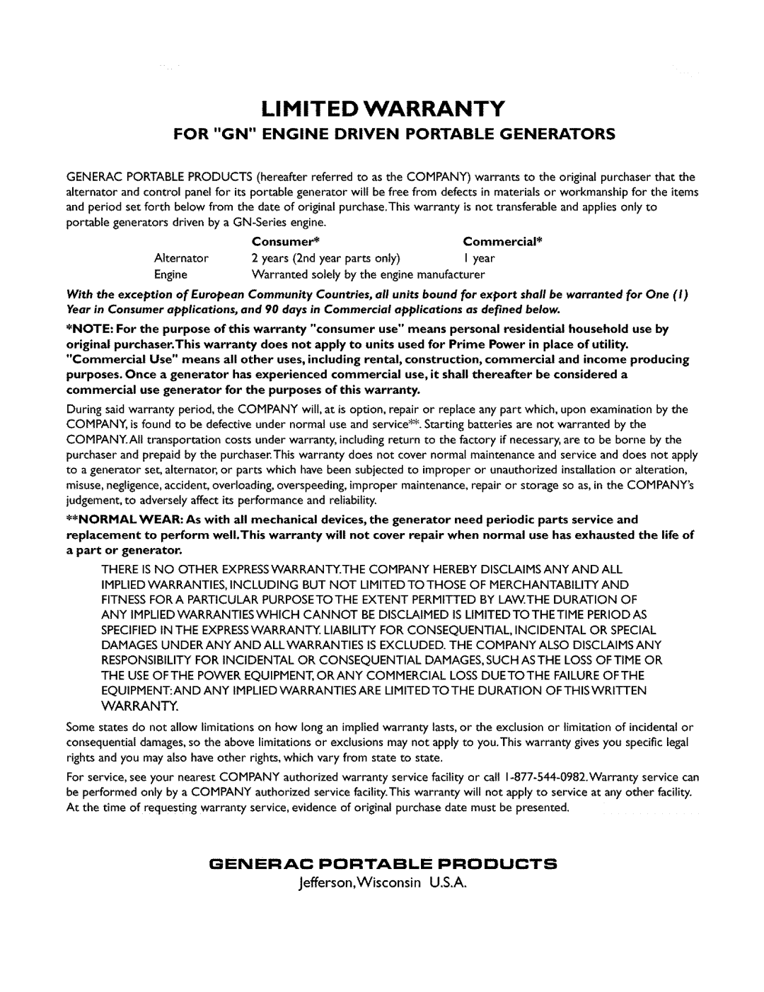 Generac 09779-2 owner manual LI M Ited Warranty, Consumer 