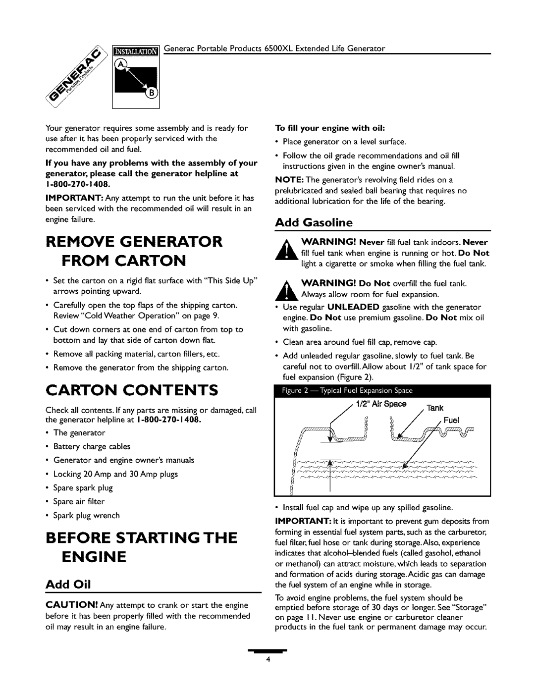 Generac 09779-2 owner manual Remove G EN Erator From Carton, Carton Contents, Before Starting the Engine 