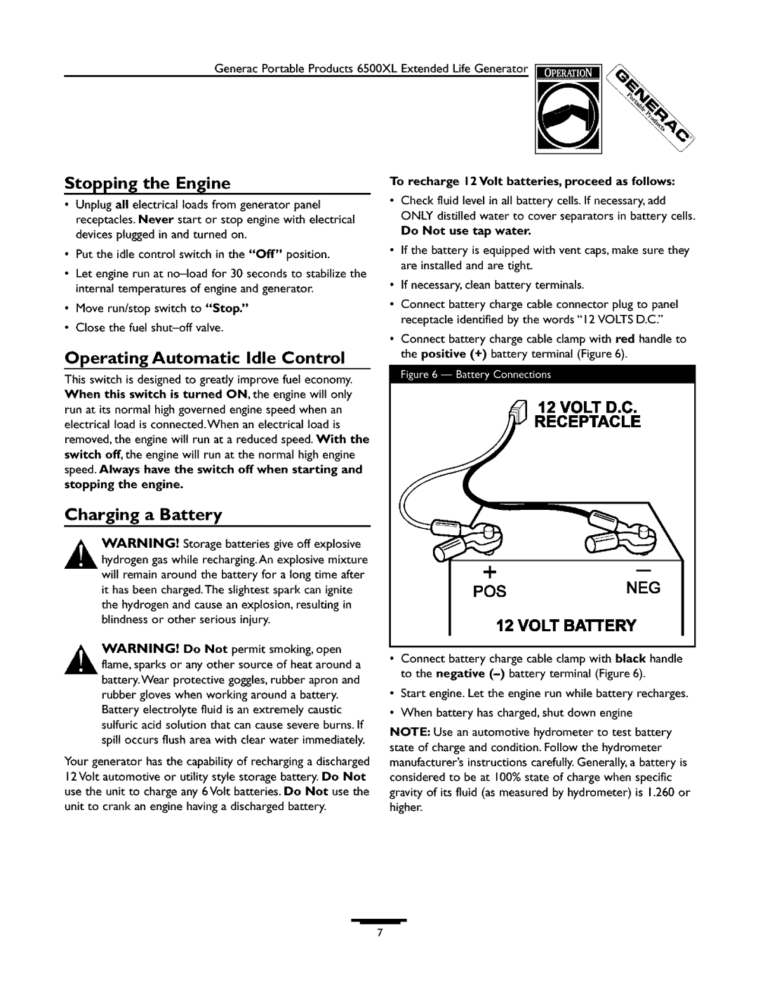 Generac 09779-2 owner manual Stopping the Engine, Operating Automatic Idle Control, Volt D.C 