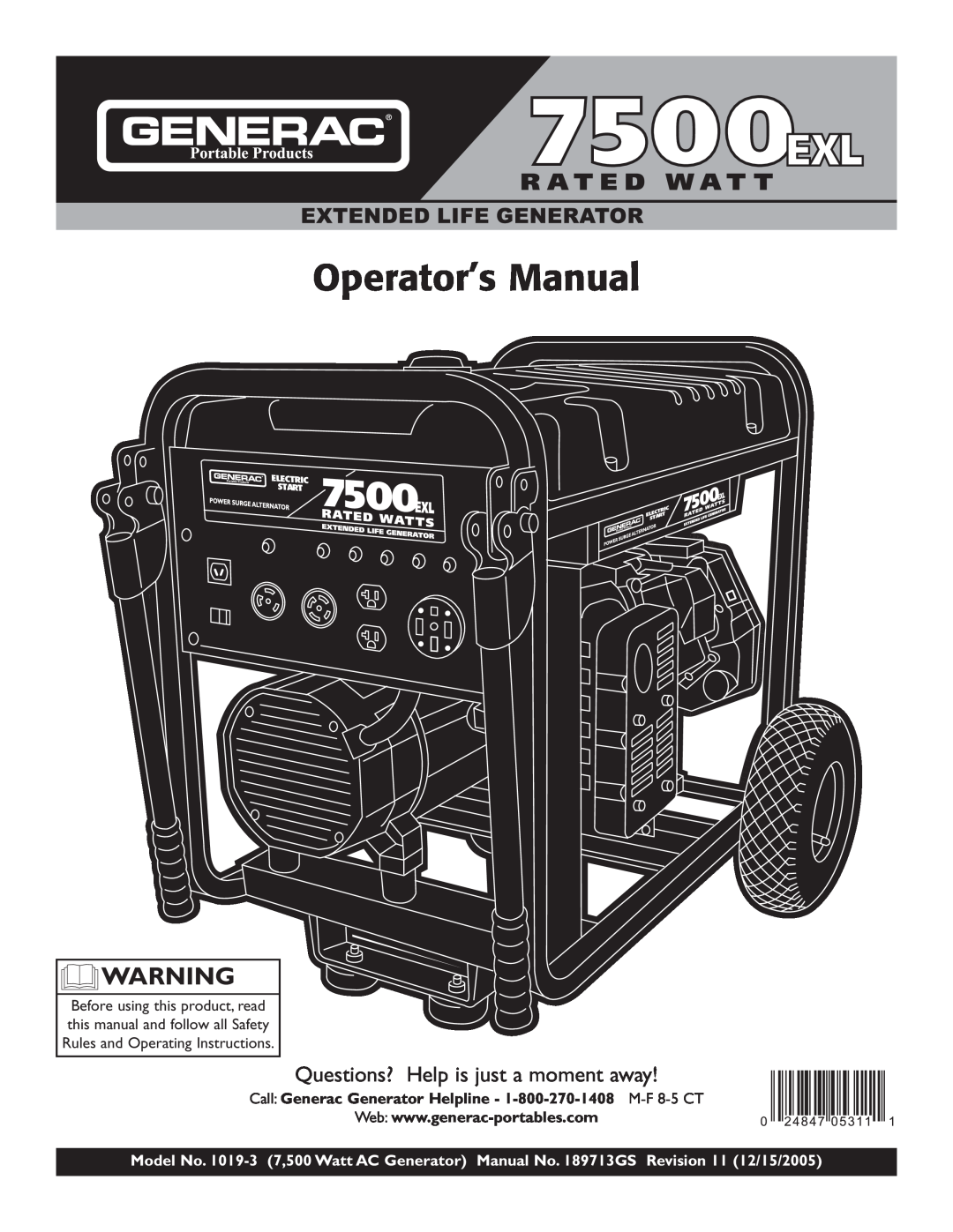 Generac 101 9-3 operating instructions Questions? Help is just a moment away, Operator’s Manual 