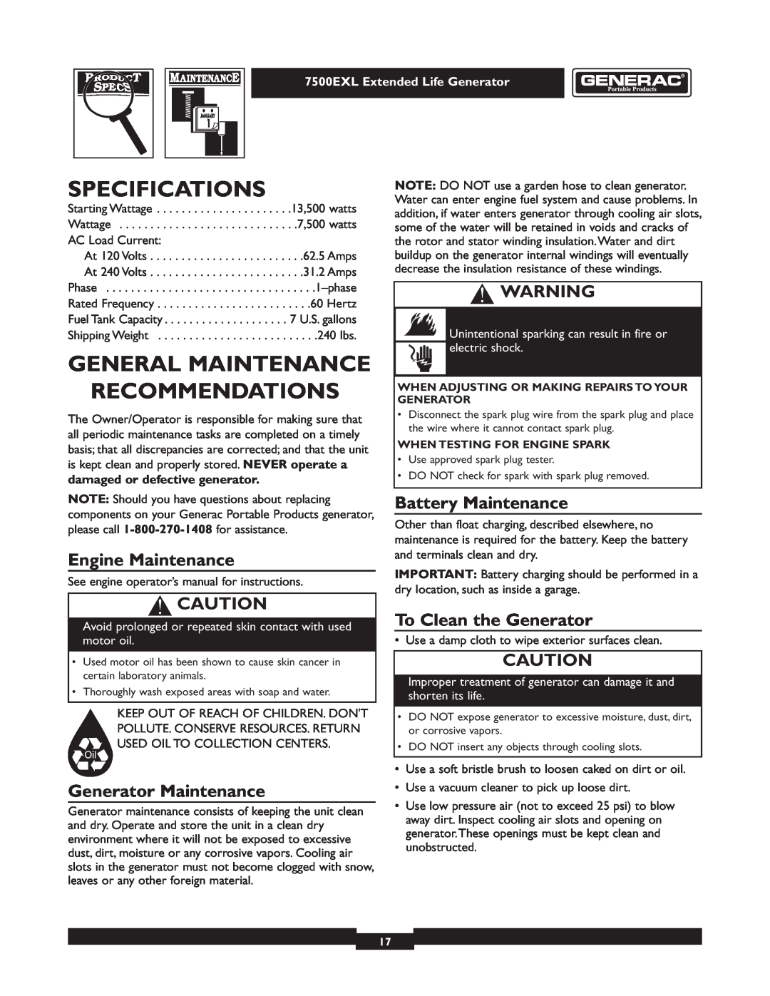 Generac 101 9-3 Specifications, General Maintenance Recommendations, Engine Maintenance, Generator Maintenance 