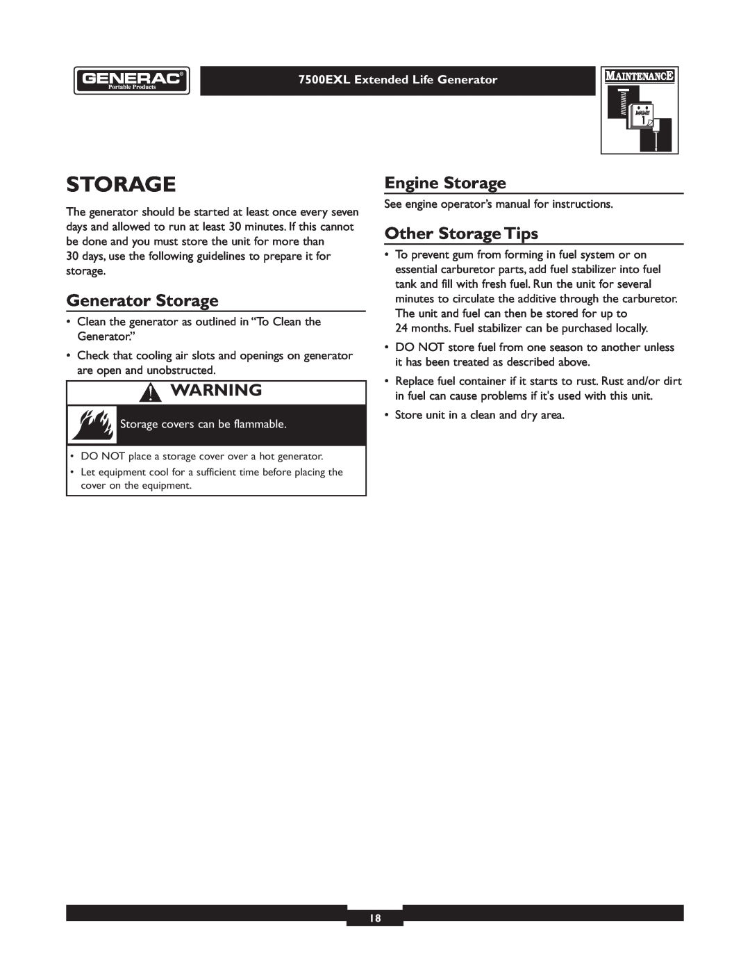 Generac 101 9-3 Generator Storage, Engine Storage, Other Storage Tips, Storage covers can be flammable 
