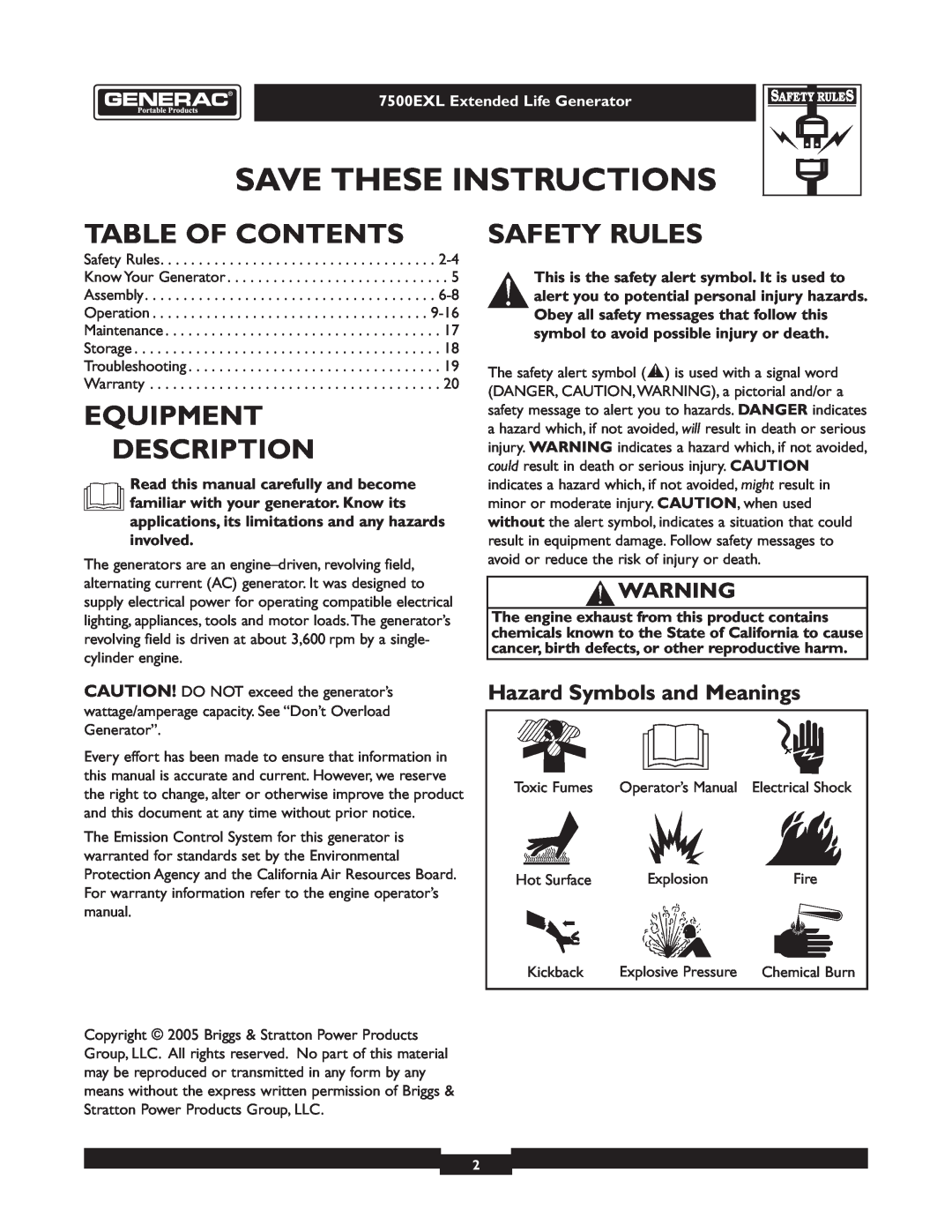 Generac 101 9-3 operating instructions Table Of Contents, Equipment Description, Safety Rules, Hazard Symbols and Meanings 