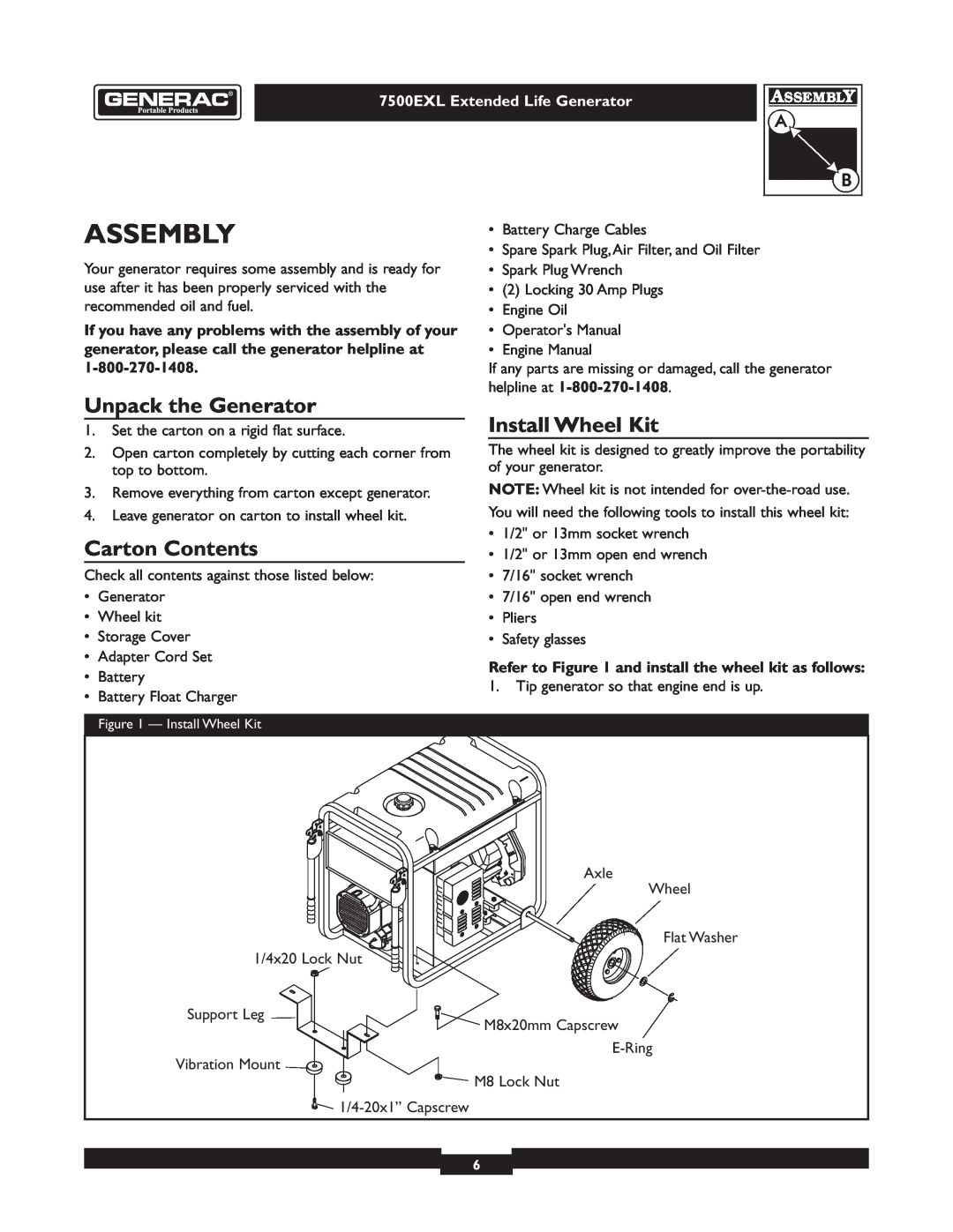 Generac 101 9-3 Assembly, Unpack the Generator, Carton Contents, Install Wheel Kit, 7500EXL Extended Life Generator 