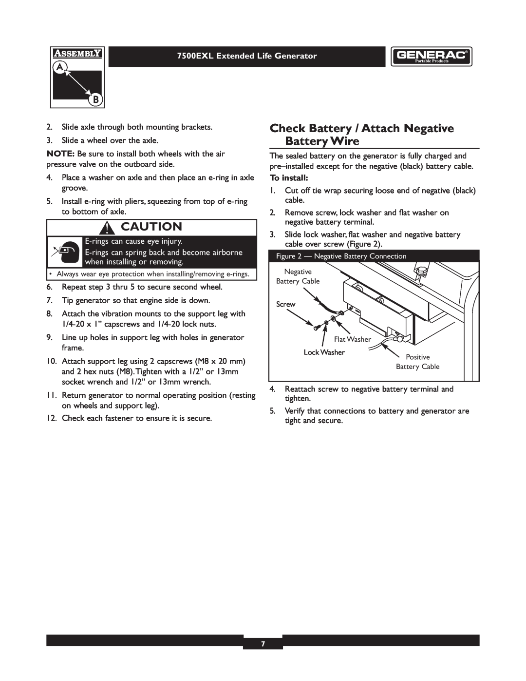 Generac 101 9-3 Check Battery / Attach Negative Battery Wire, E-rings can cause eye injury, To install 