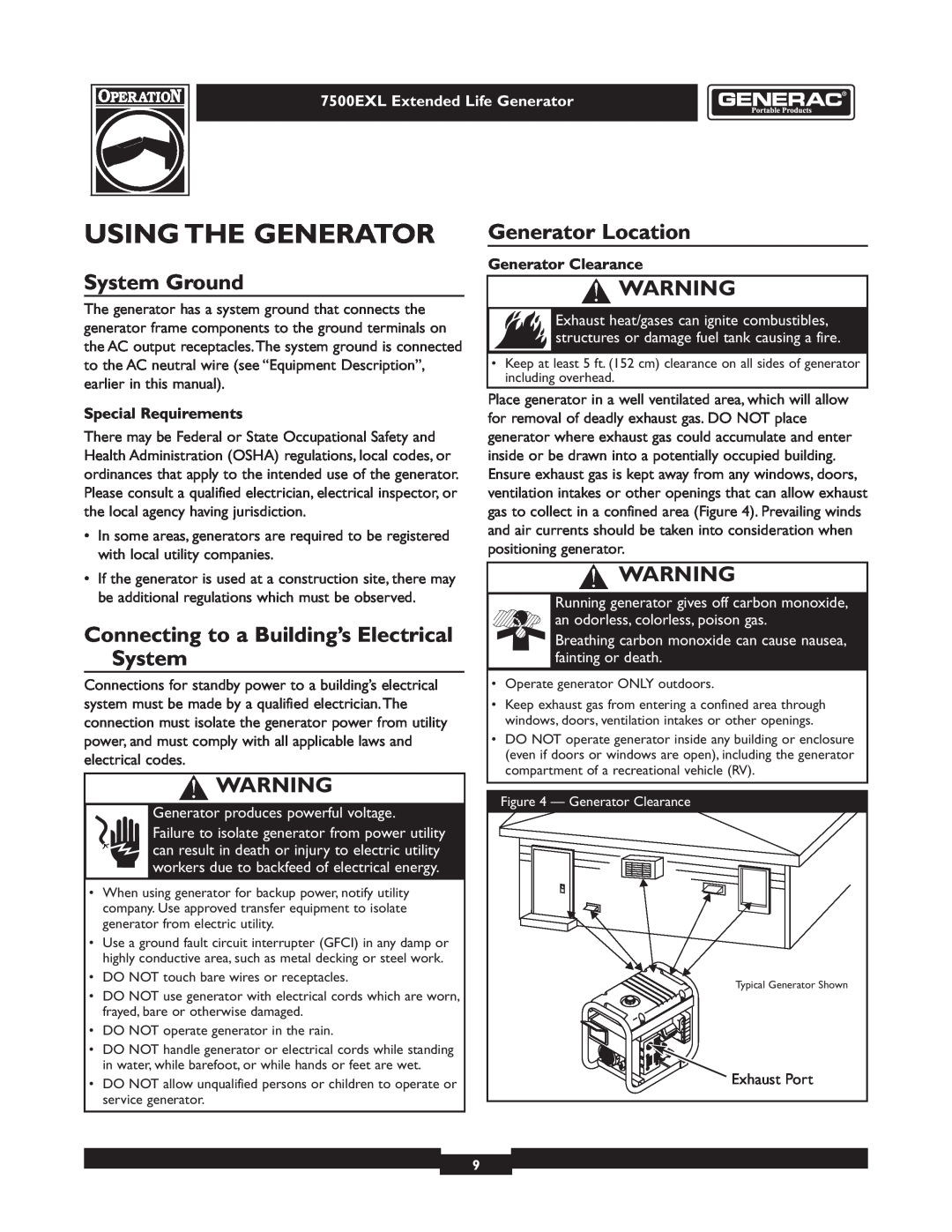 Generac 101 9-3 Using The Generator, System Ground, Generator Location, Connecting to a Building’s Electrical System 