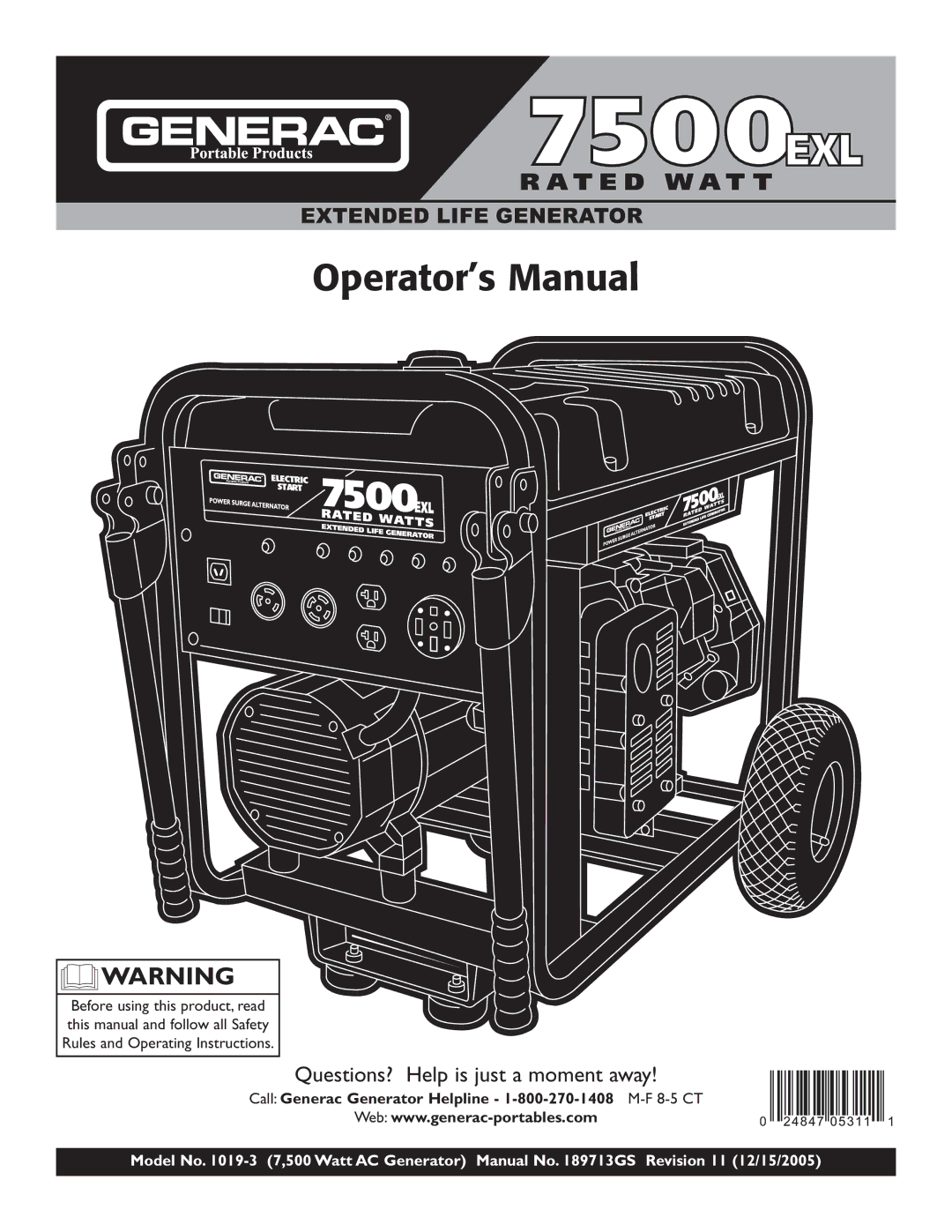 Generac 101 9-3 operating instructions Operator’s Manual, Call Generac Generator Helpline 1-800-270-1408 M-F8-5 CT 