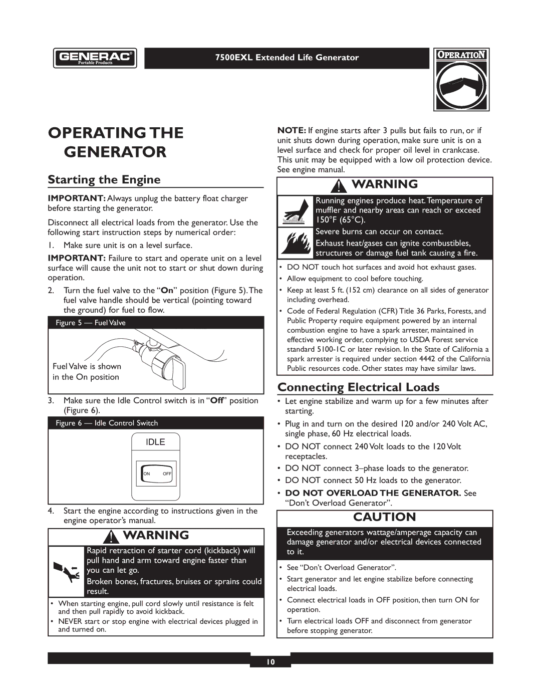 Generac 101 9-3 operating instructions Operating the Generator, Starting the Engine, Connecting Electrical Loads 