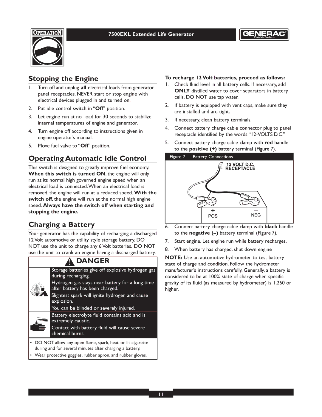 Generac 101 9-3 operating instructions Stopping the Engine, Operating Automatic Idle Control, Charging a Battery 