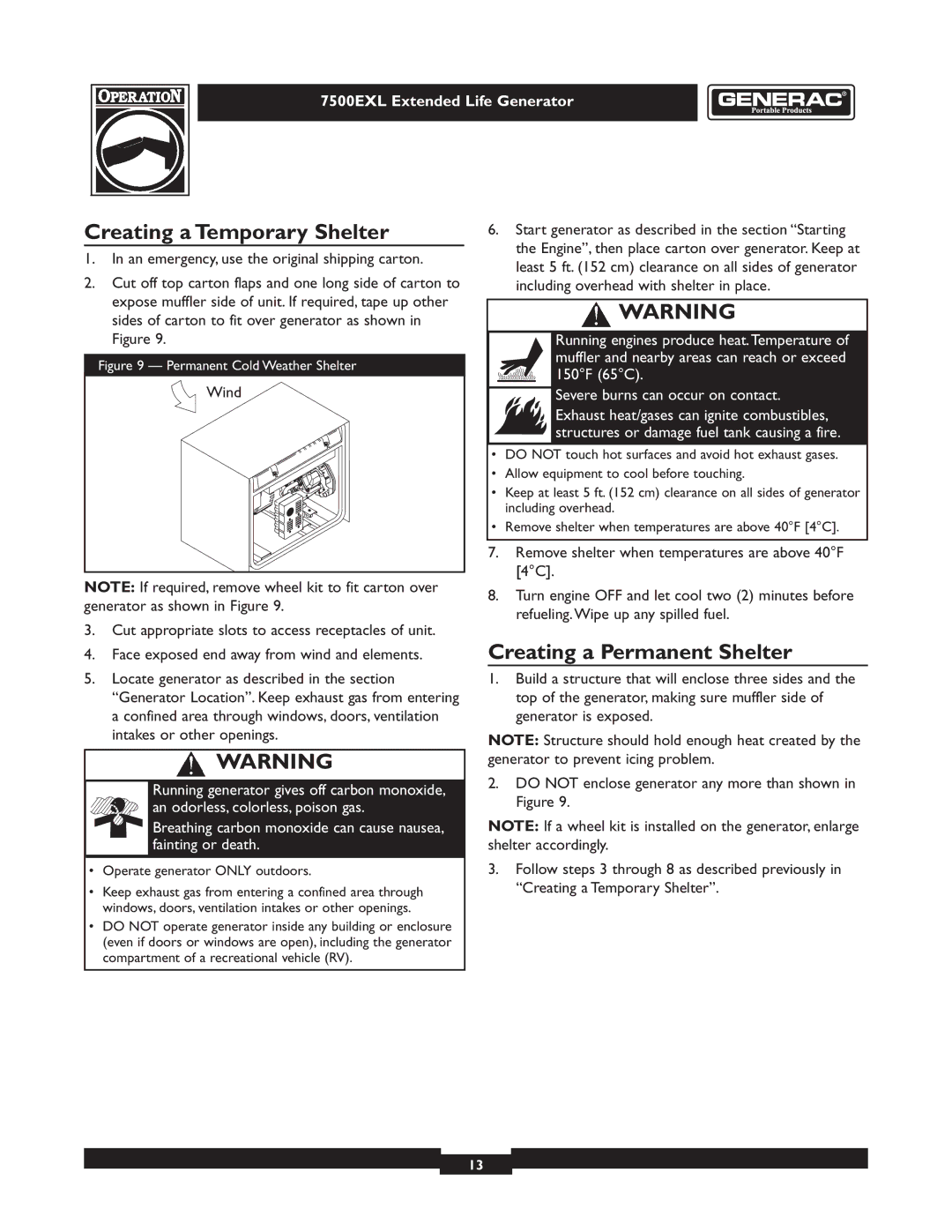 Generac 101 9-3 operating instructions Creating a Temporary Shelter, Creating a Permanent Shelter 