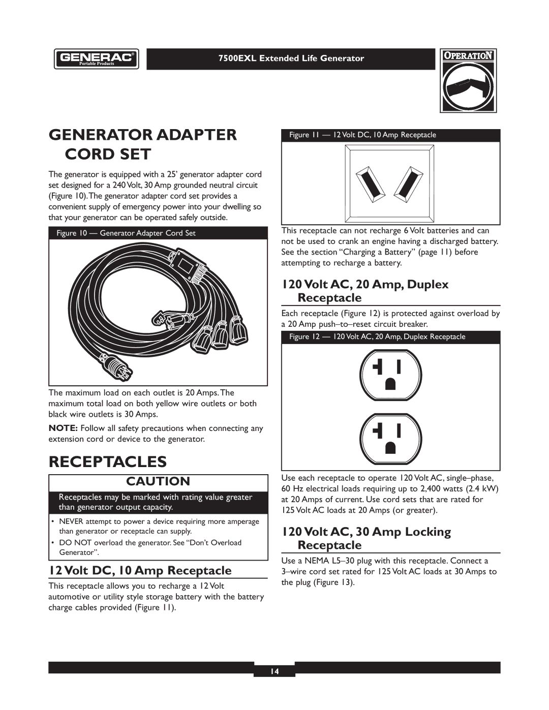 Generac 101 9-3 Generator Adapter Cord SET, Receptacles, Volt DC, 10 Amp Receptacle, Volt AC, 20 Amp, Duplex Receptacle 