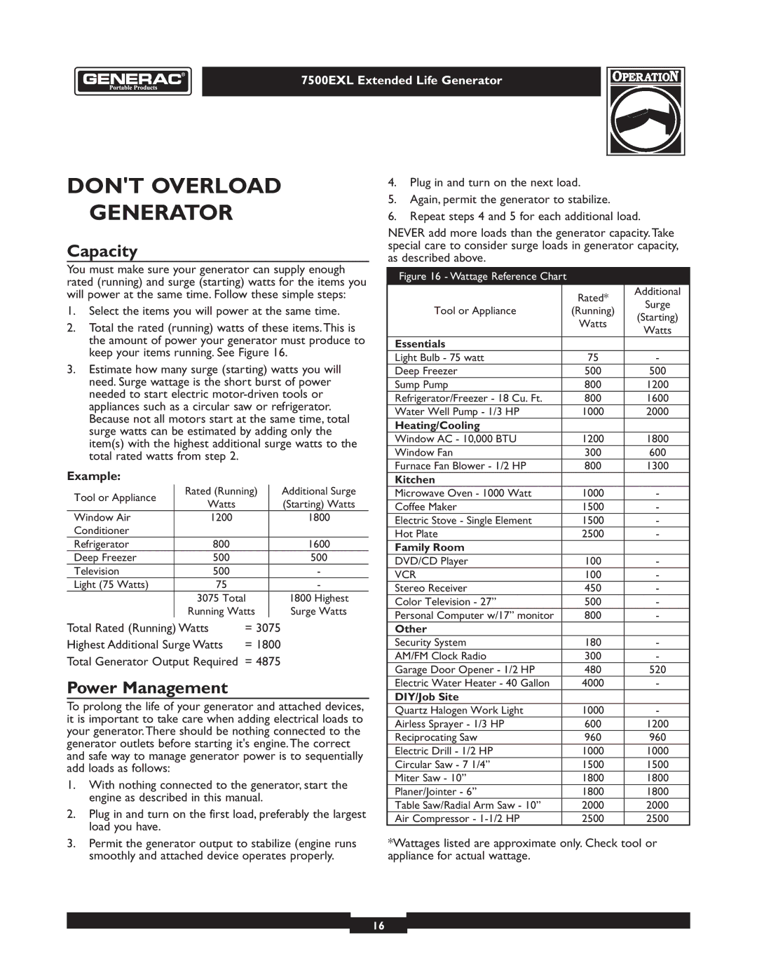 Generac 101 9-3 operating instructions Dont Overload Generator, Capacity, Power Management, Example 