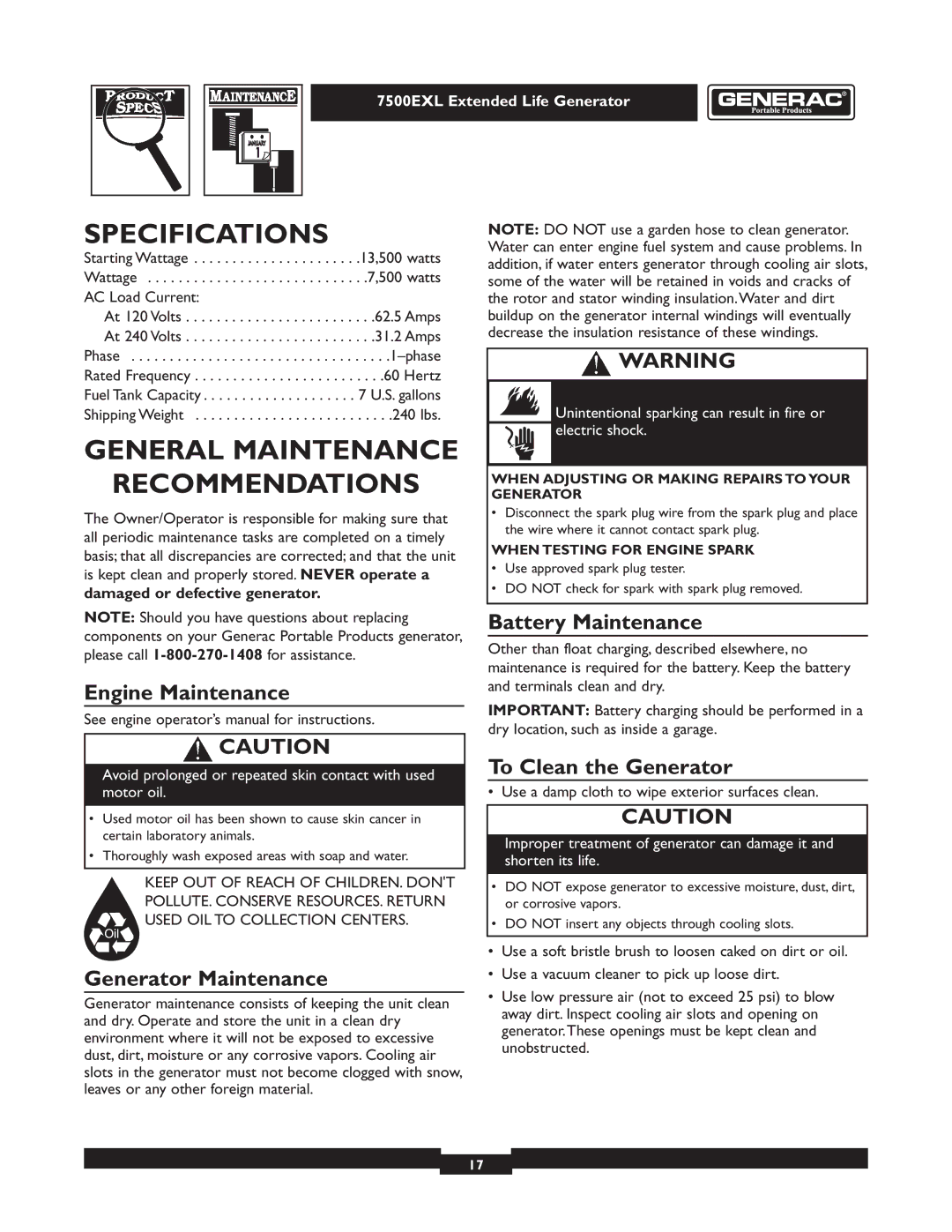 Generac 101 9-3 operating instructions Specifications, General Maintenance Recommendations 