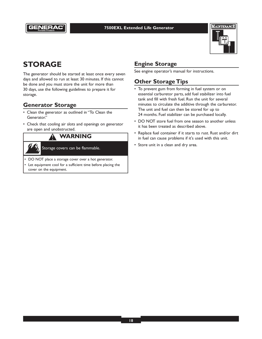 Generac 101 9-3 operating instructions Generator Storage, Engine Storage, Other Storage Tips 