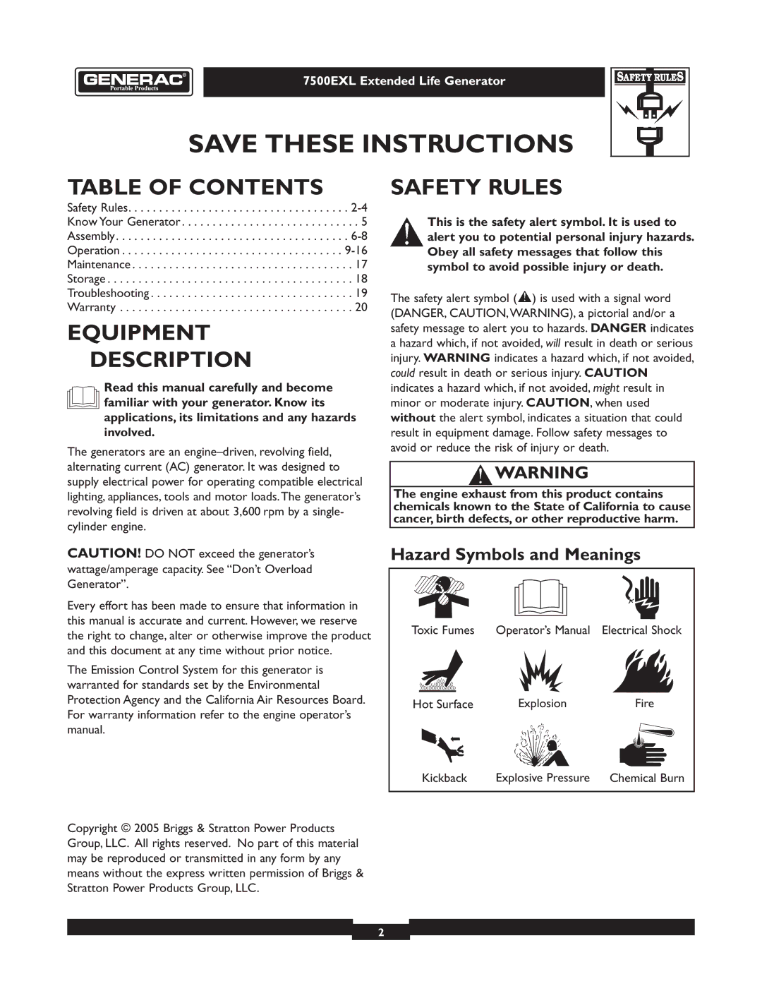 Generac 101 9-3 operating instructions Table of Contents, Equipment Description, Safety Rules 