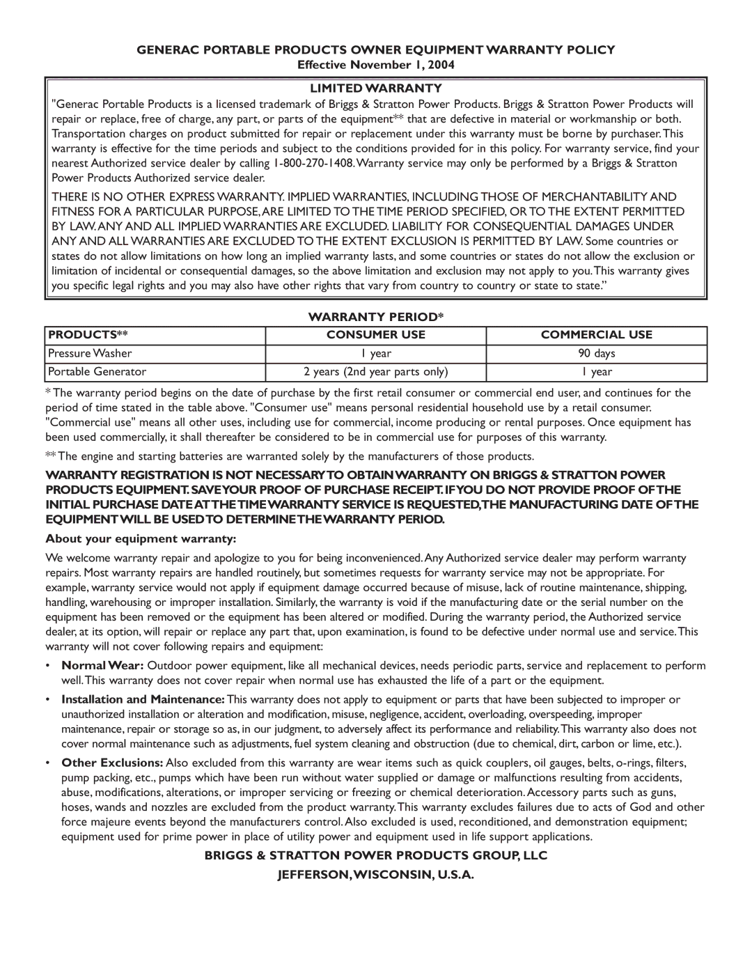 Generac 101 9-3 operating instructions Effective November 1, About your equipment warranty 