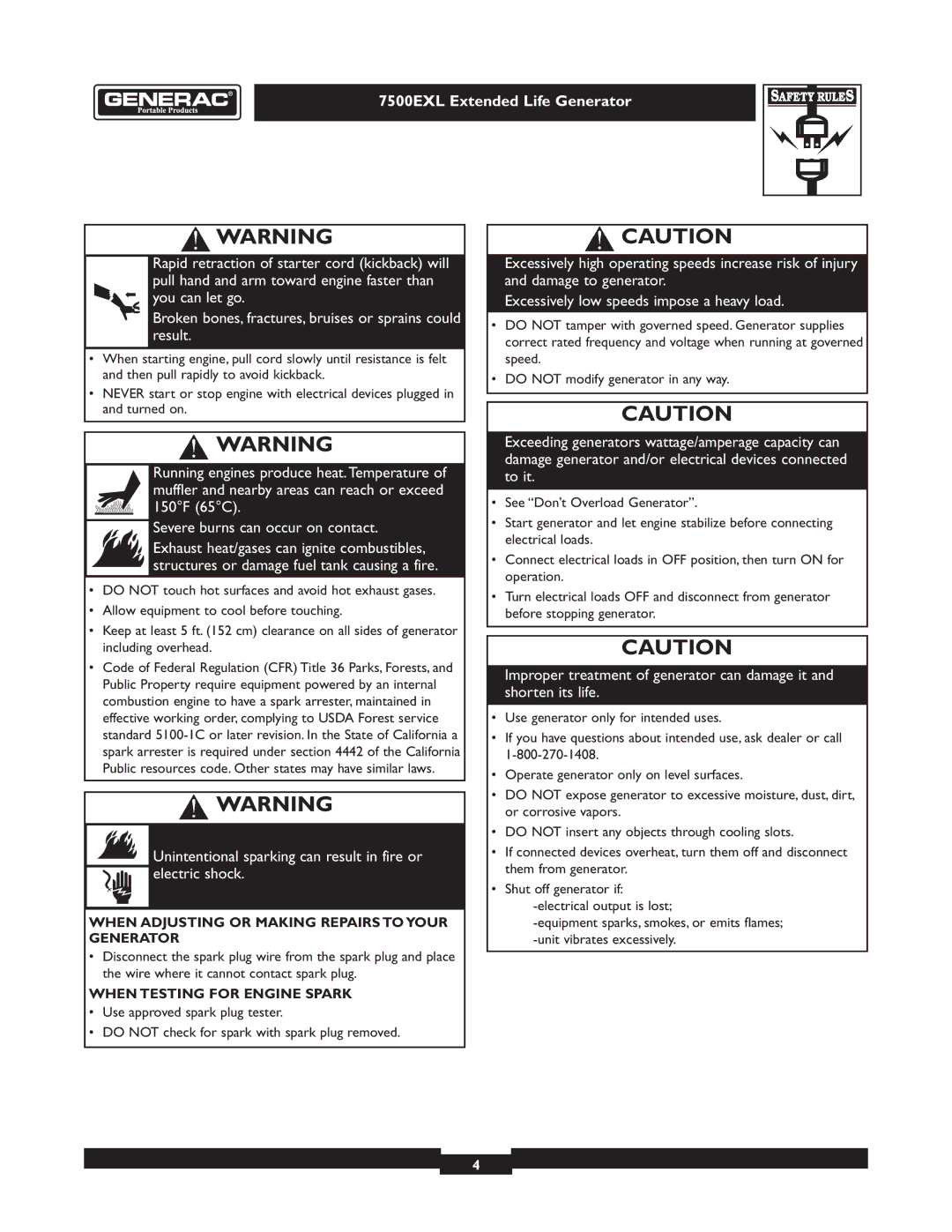 Generac 101 9-3 operating instructions Unintentional sparking can result in fire or electric shock 