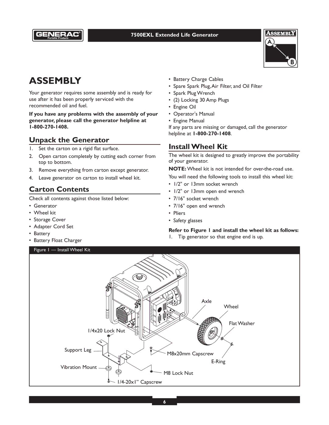 Generac 101 9-3 operating instructions Assembly, Unpack the Generator, Carton Contents, Install Wheel Kit 