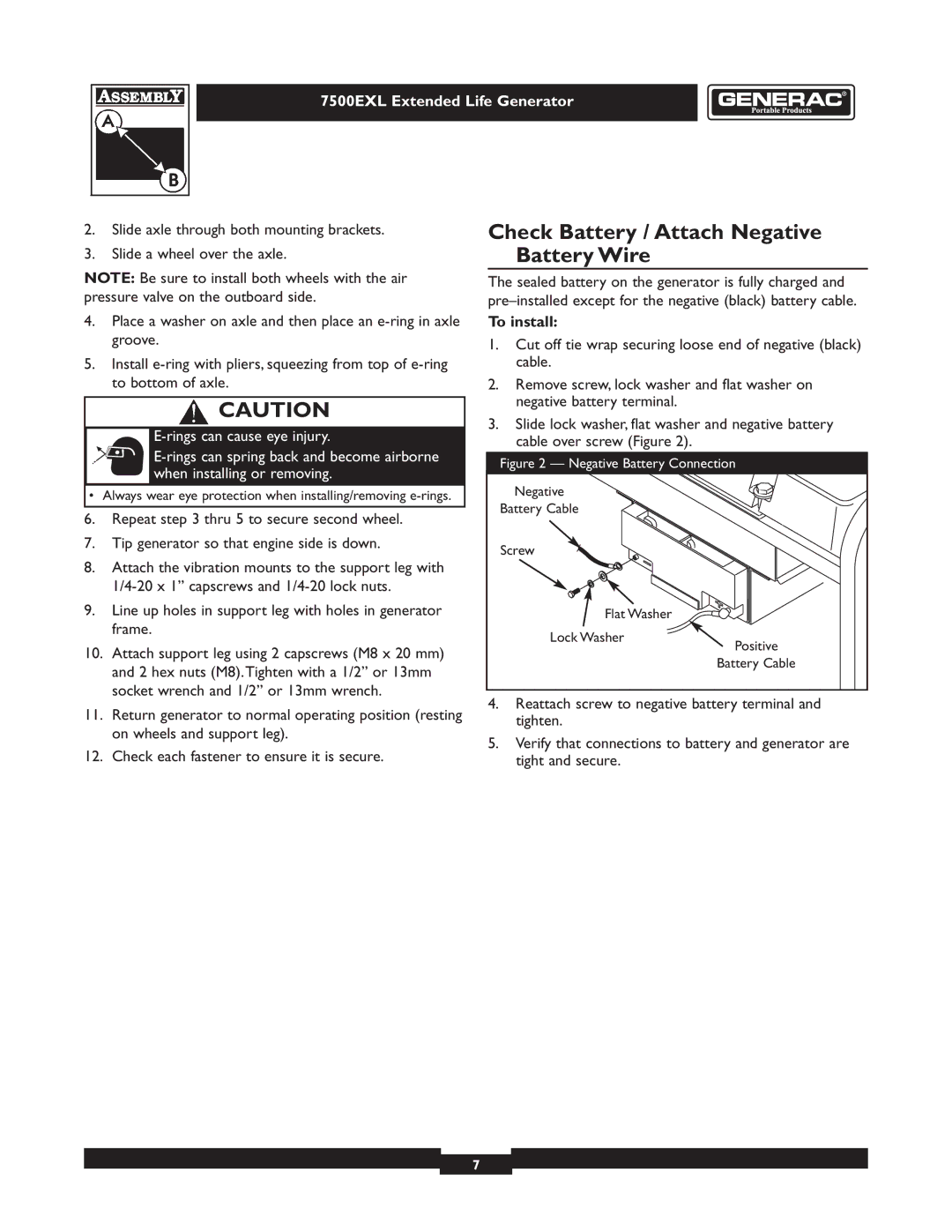 Generac 101 9-3 operating instructions Check Battery / Attach Negative Battery Wire, To install 