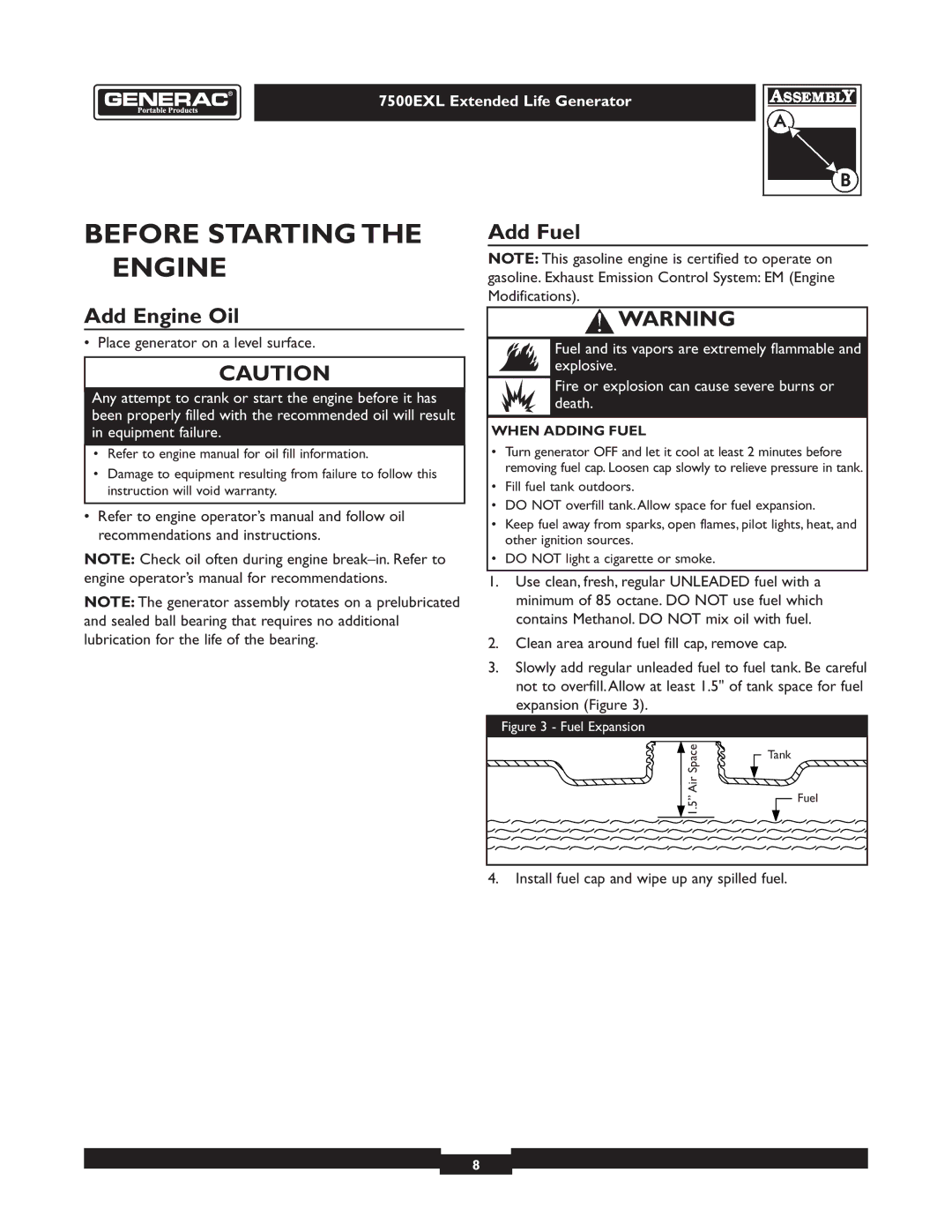 Generac 101 9-3 operating instructions Before Starting the Engine, Add Fuel, Add Engine Oil 