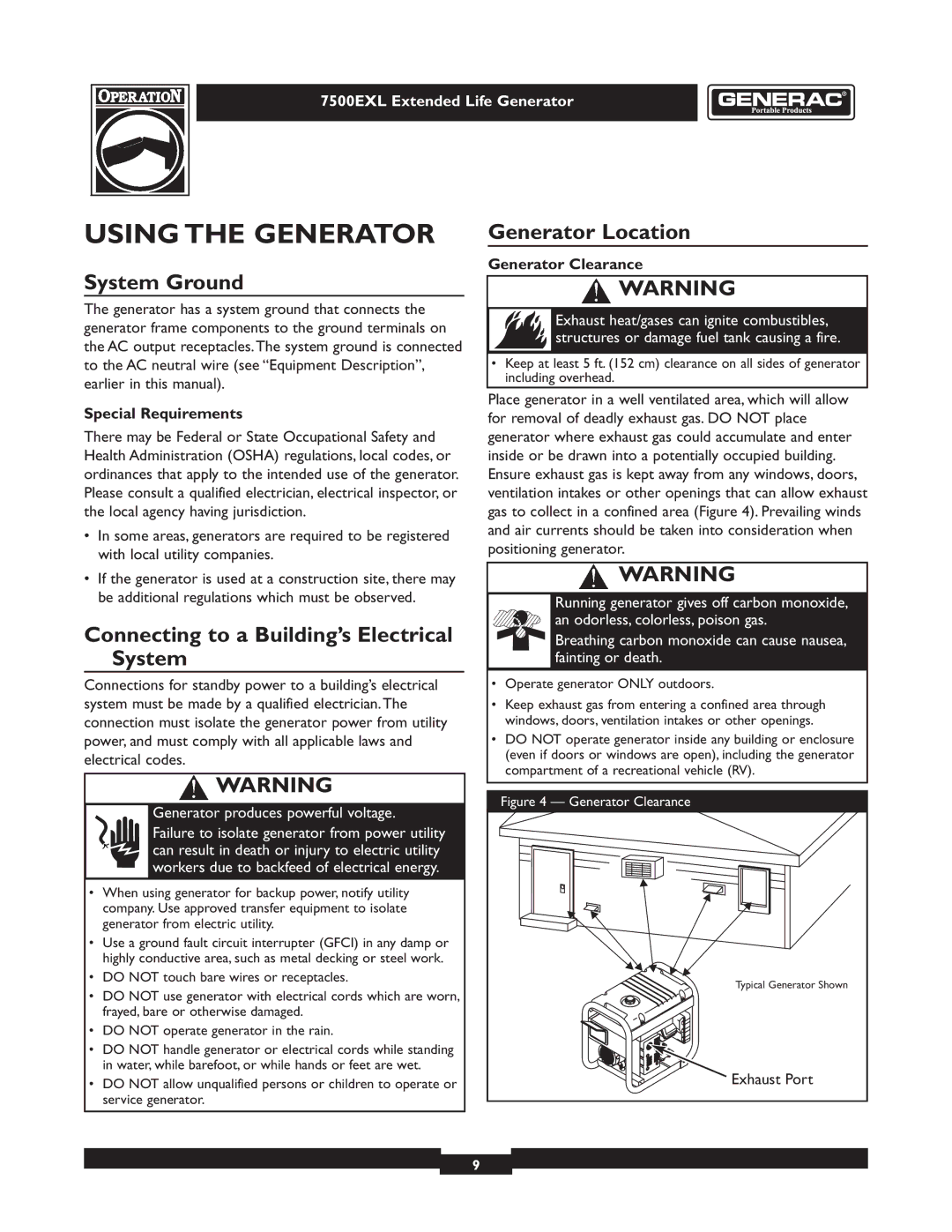 Generac 101 9-3 Using the Generator, System Ground, Generator Location, Connecting to a Building’s Electrical System 