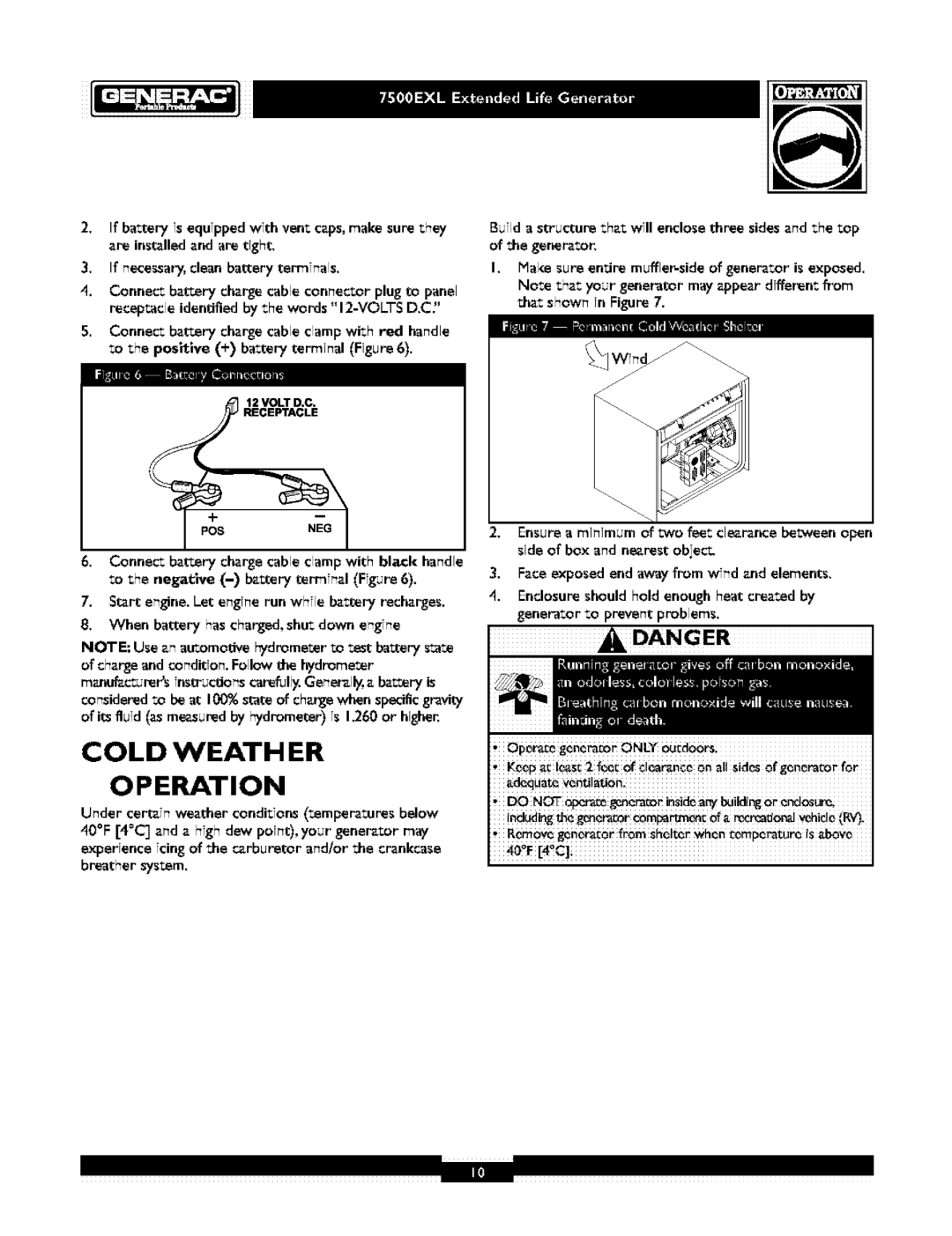 Generac 1019-3 owner manual Cold Weath Er, Operation, 0 c, Danger 